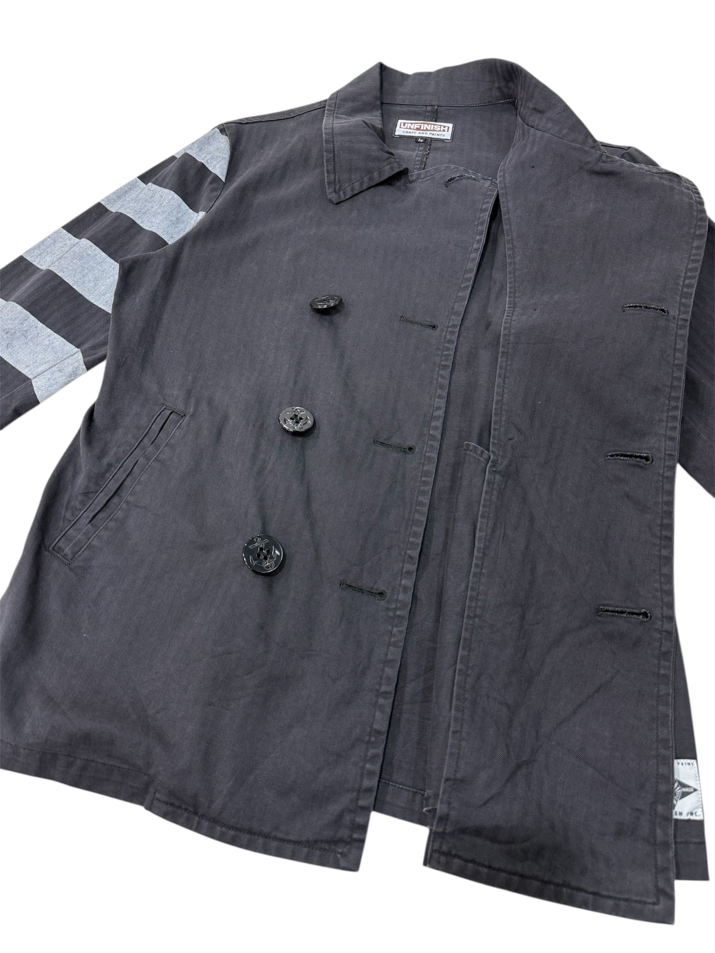 UNFINISH INC. Japan Black Herringbone Double-Breasted Work Jacket – Striped Sleeve Design