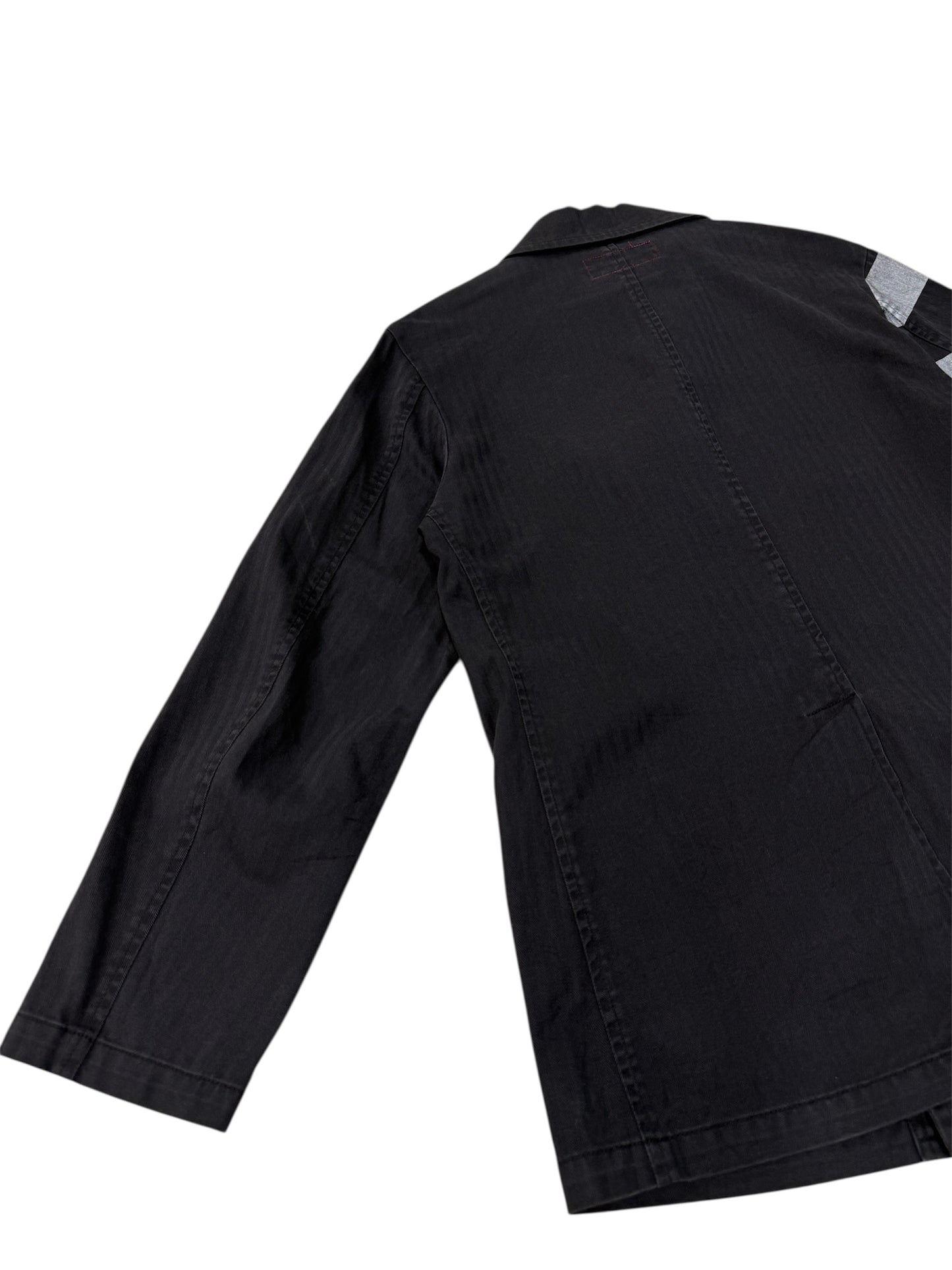 UNFINISH INC. Japan Black Herringbone Double-Breasted Work Jacket – Striped Sleeve Design