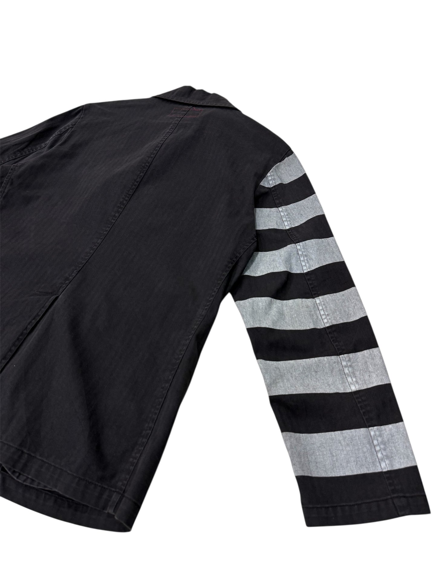 UNFINISH INC. Japan Black Herringbone Double-Breasted Work Jacket – Striped Sleeve Design
