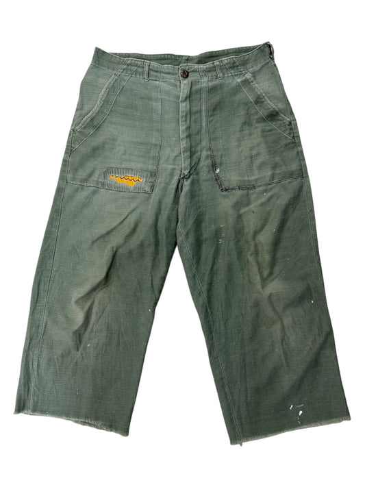 Vintage 1960s US Army OG-107 Sateen Reworked Pants Cropped Military Trousers Vietnam Era