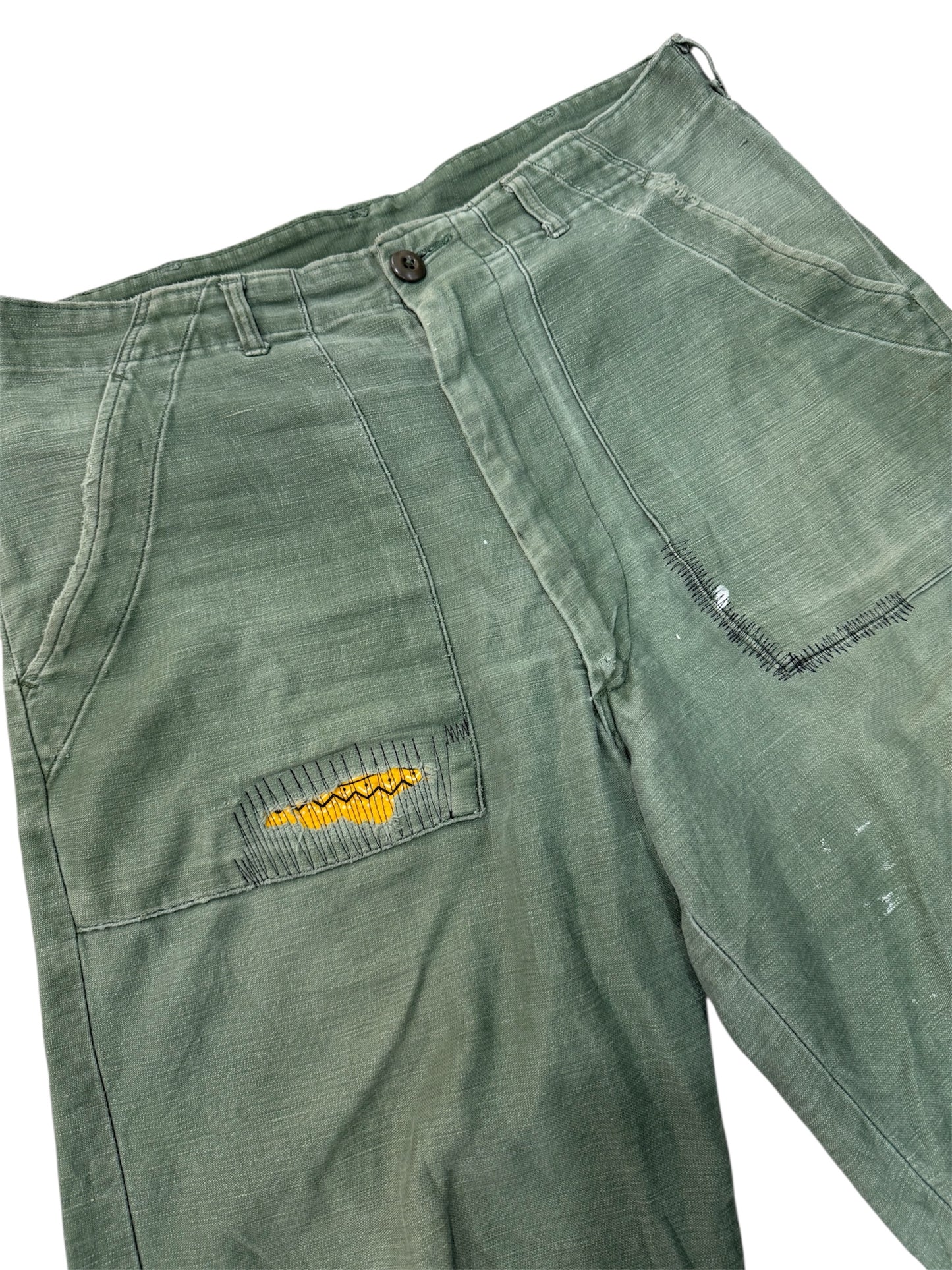 Vintage 1960s US Army OG-107 Sateen Reworked Pants Cropped Military Trousers Vietnam Era