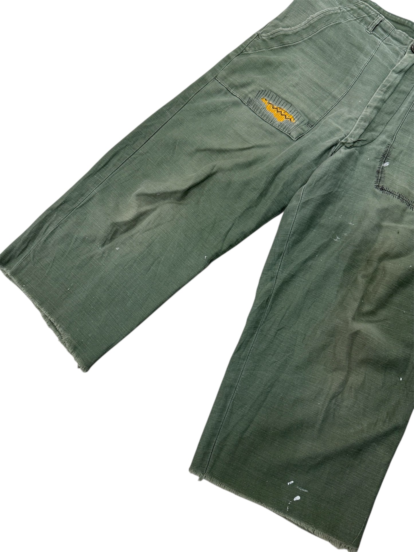 Vintage 1960s US Army OG-107 Sateen Reworked Pants Cropped Military Trousers Vietnam Era