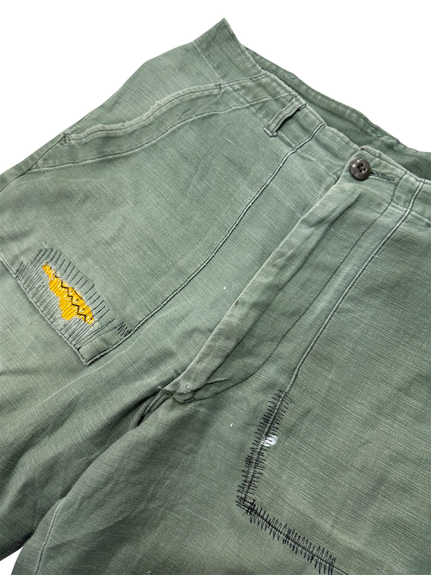 Vintage 1960s US Army OG-107 Sateen Reworked Pants Cropped Military Trousers Vietnam Era