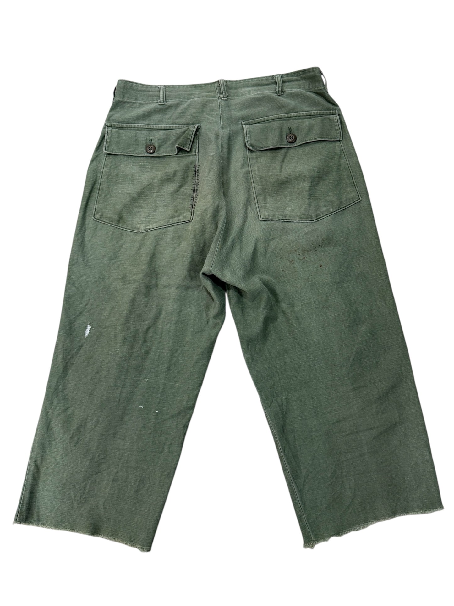Vintage 1960s US Army OG-107 Sateen Reworked Pants Cropped Military Trousers Vietnam Era