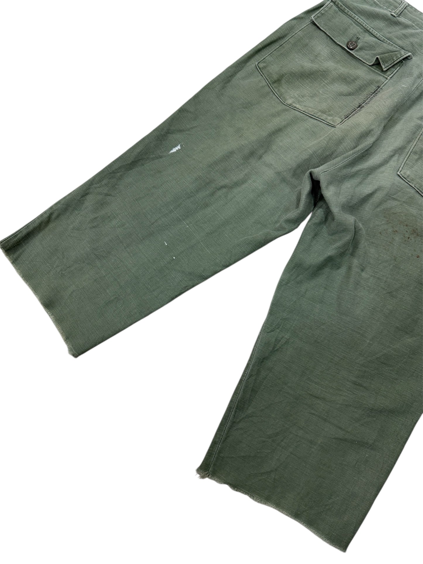 Vintage 1960s US Army OG-107 Sateen Reworked Pants Cropped Military Trousers Vietnam Era