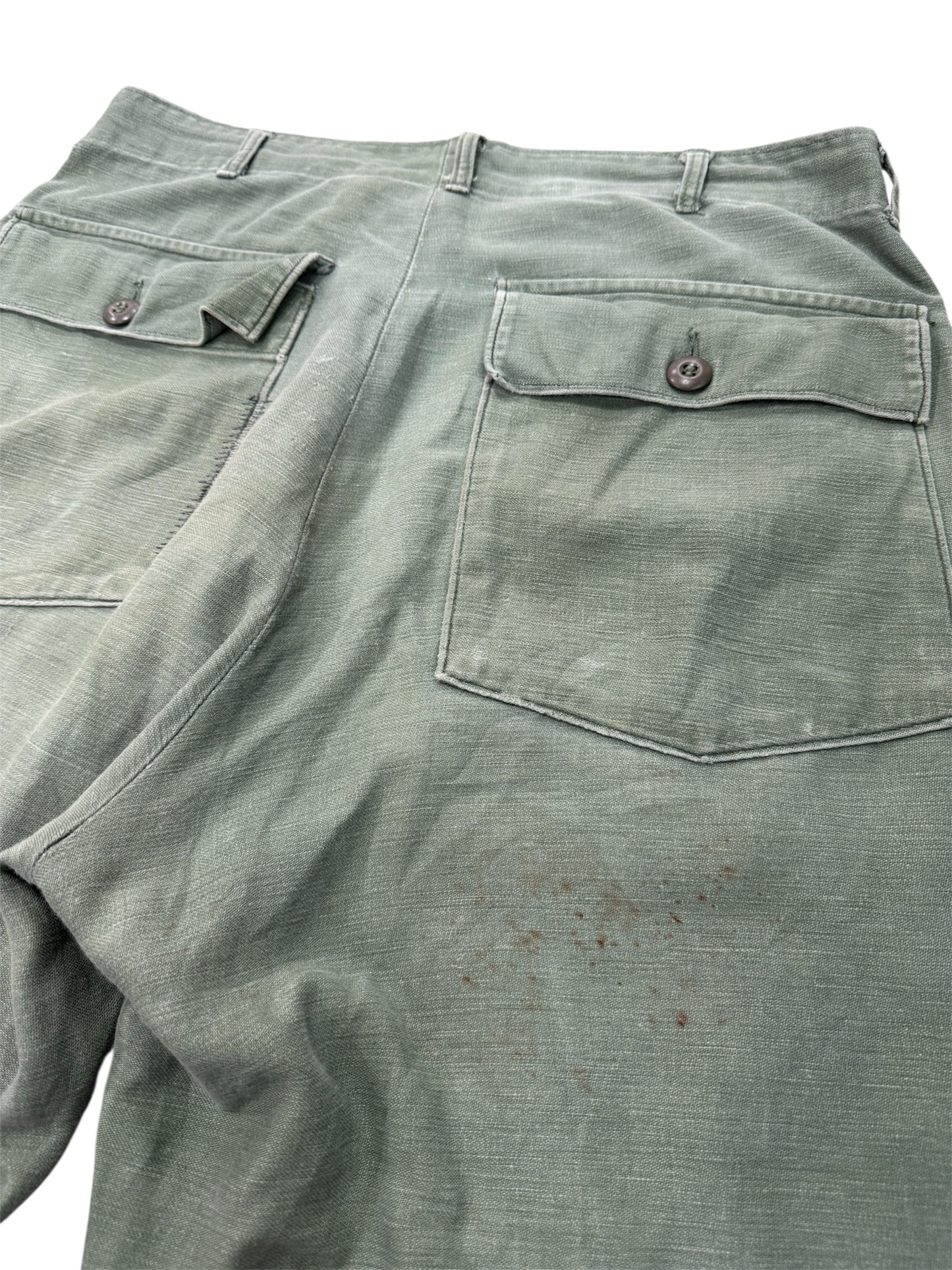 Vintage 1960s US Army OG-107 Sateen Reworked Pants Cropped Military Trousers Vietnam Era