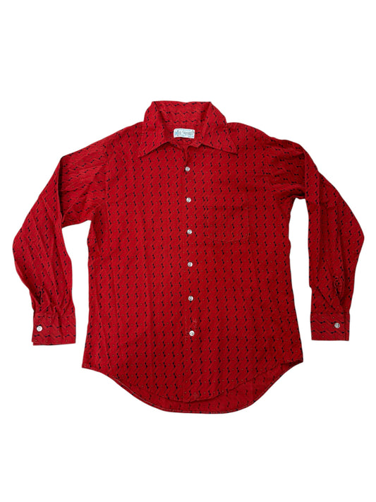 Vintage 70s Red Geometric Disco Shirt Made in USA Long Sleeve Retro Pattern