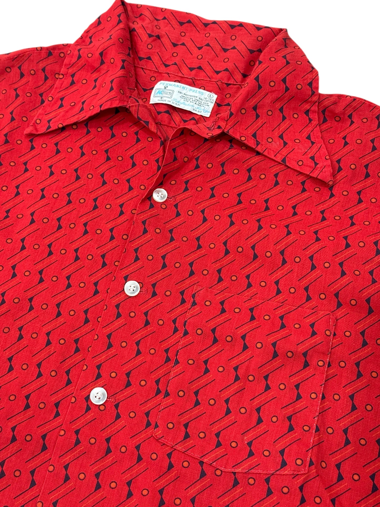 Vintage 70s Red Geometric Disco Shirt Made in USA Long Sleeve Retro Pattern