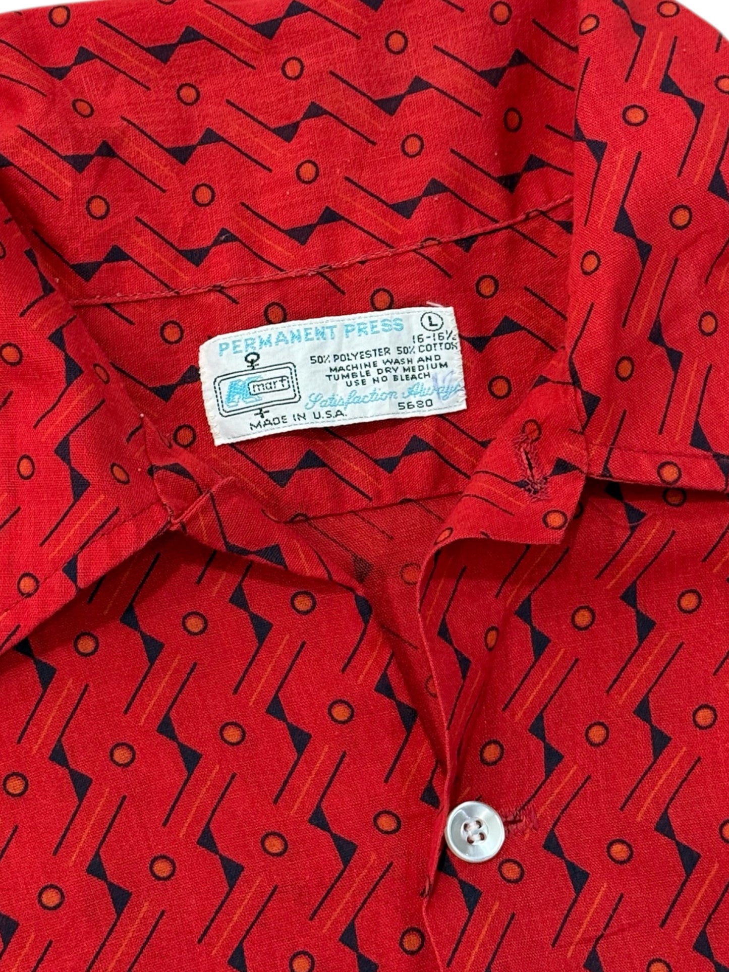 Vintage 70s Red Geometric Disco Shirt Made in USA Long Sleeve Retro Pattern