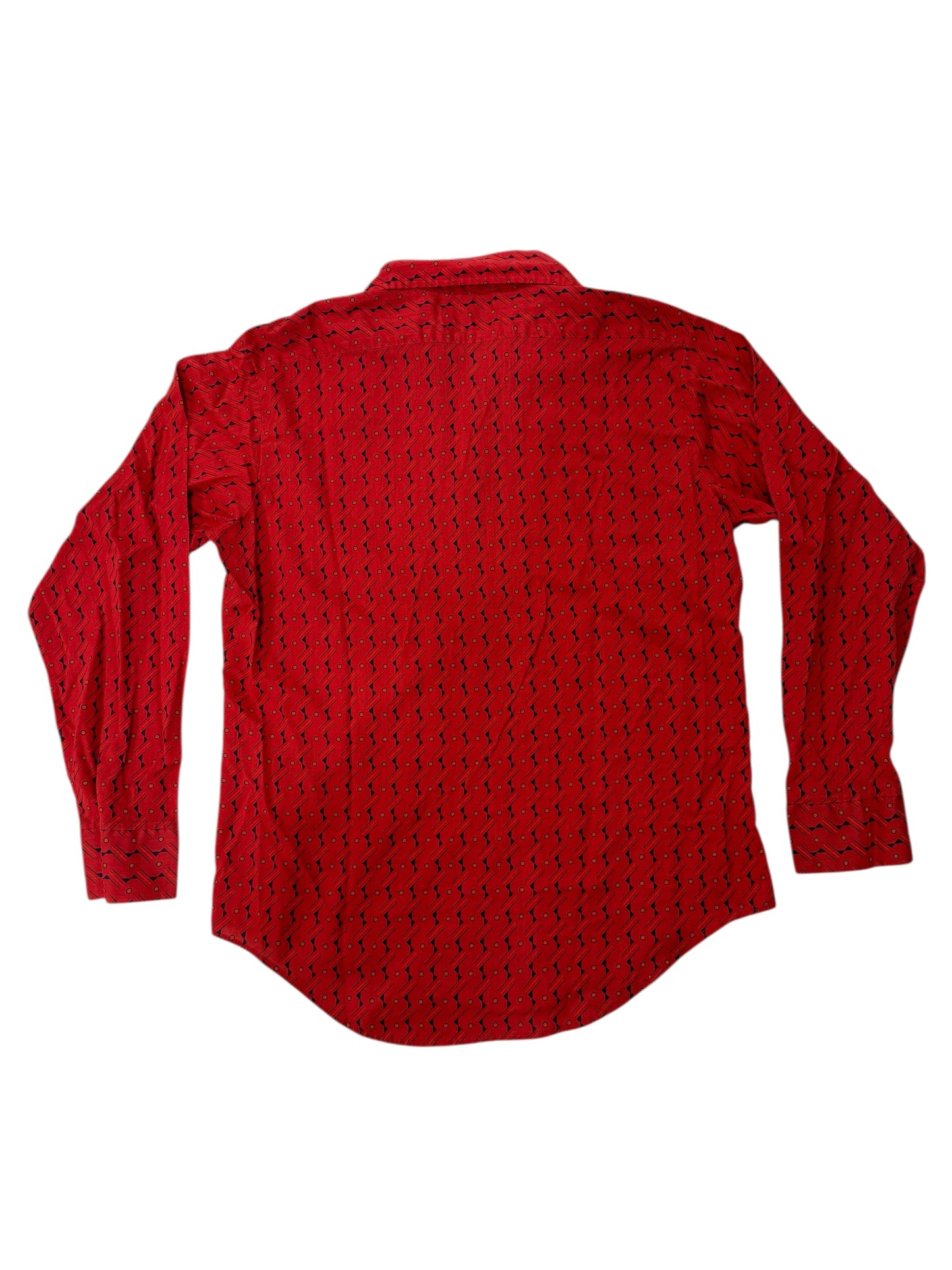 Vintage 70s Red Geometric Disco Shirt Made in USA Long Sleeve Retro Pattern