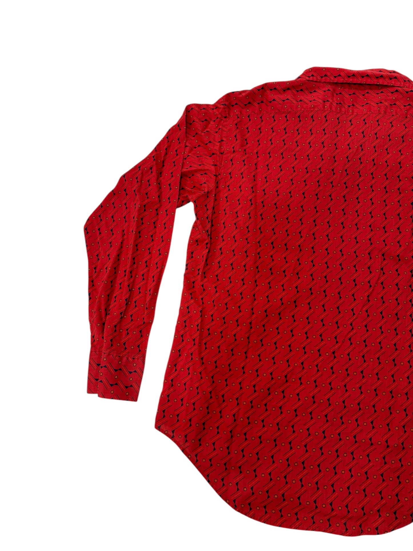 Vintage 70s Red Geometric Disco Shirt Made in USA Long Sleeve Retro Pattern