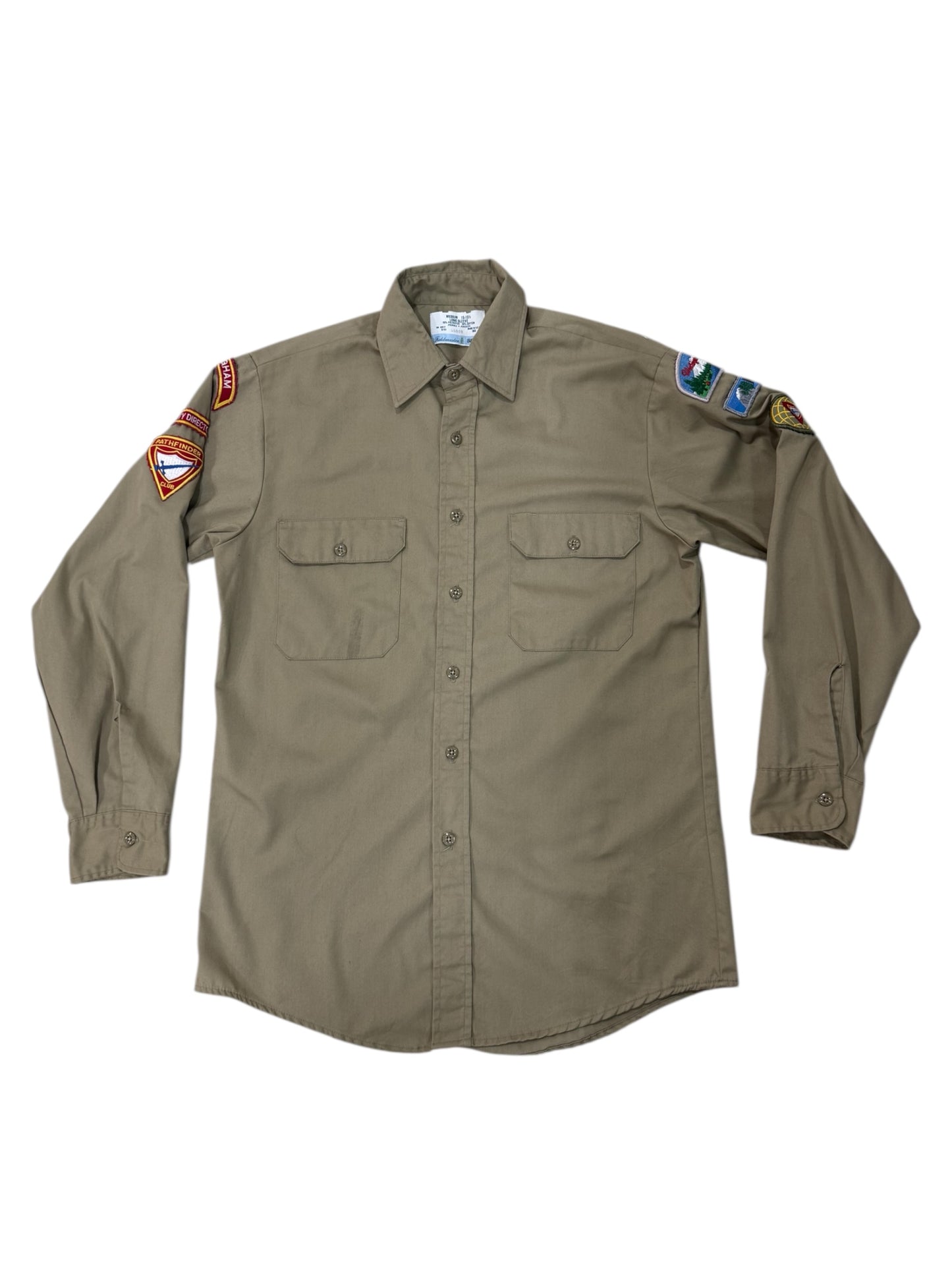 Vintage 1970s-80s Fieldmaster Sears Uniform Shirt Pathfinder Club Patches Made in USA Khaki