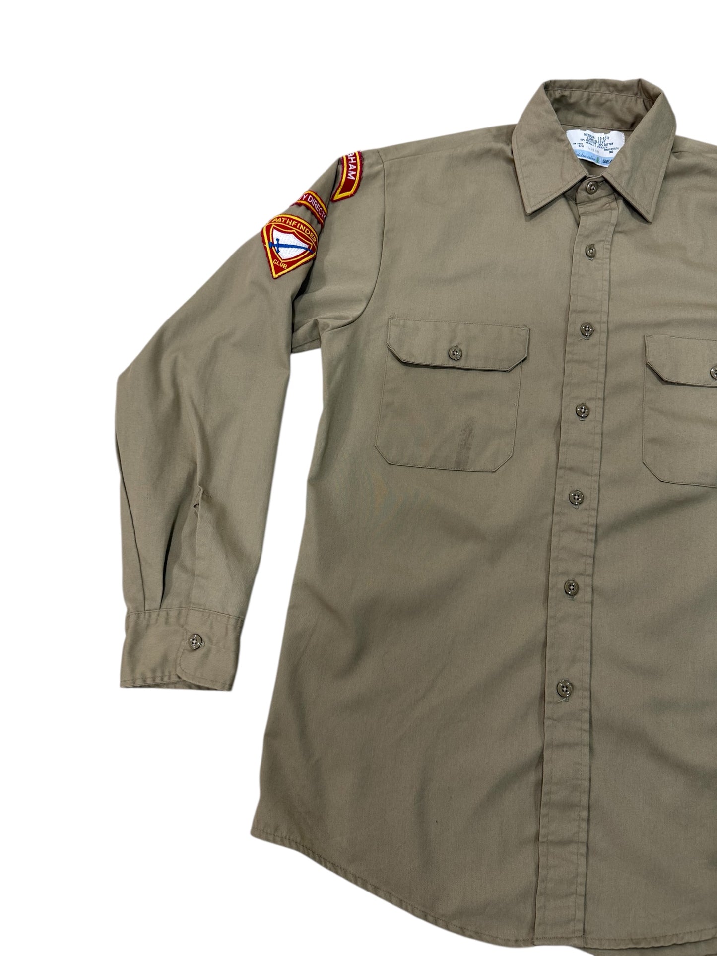 Vintage 1970s-80s Fieldmaster Sears Uniform Shirt Pathfinder Club Patches Made in USA Khaki
