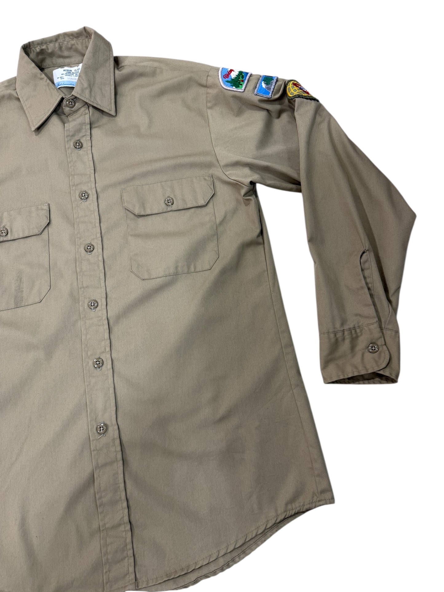 Vintage 1970s-80s Fieldmaster Sears Uniform Shirt Pathfinder Club Patches Made in USA Khaki