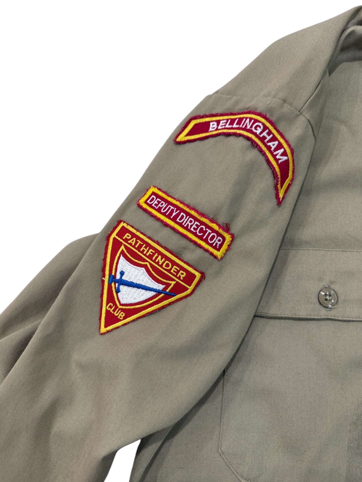 Vintage 1970s-80s Fieldmaster Sears Uniform Shirt Pathfinder Club Patches Made in USA Khaki