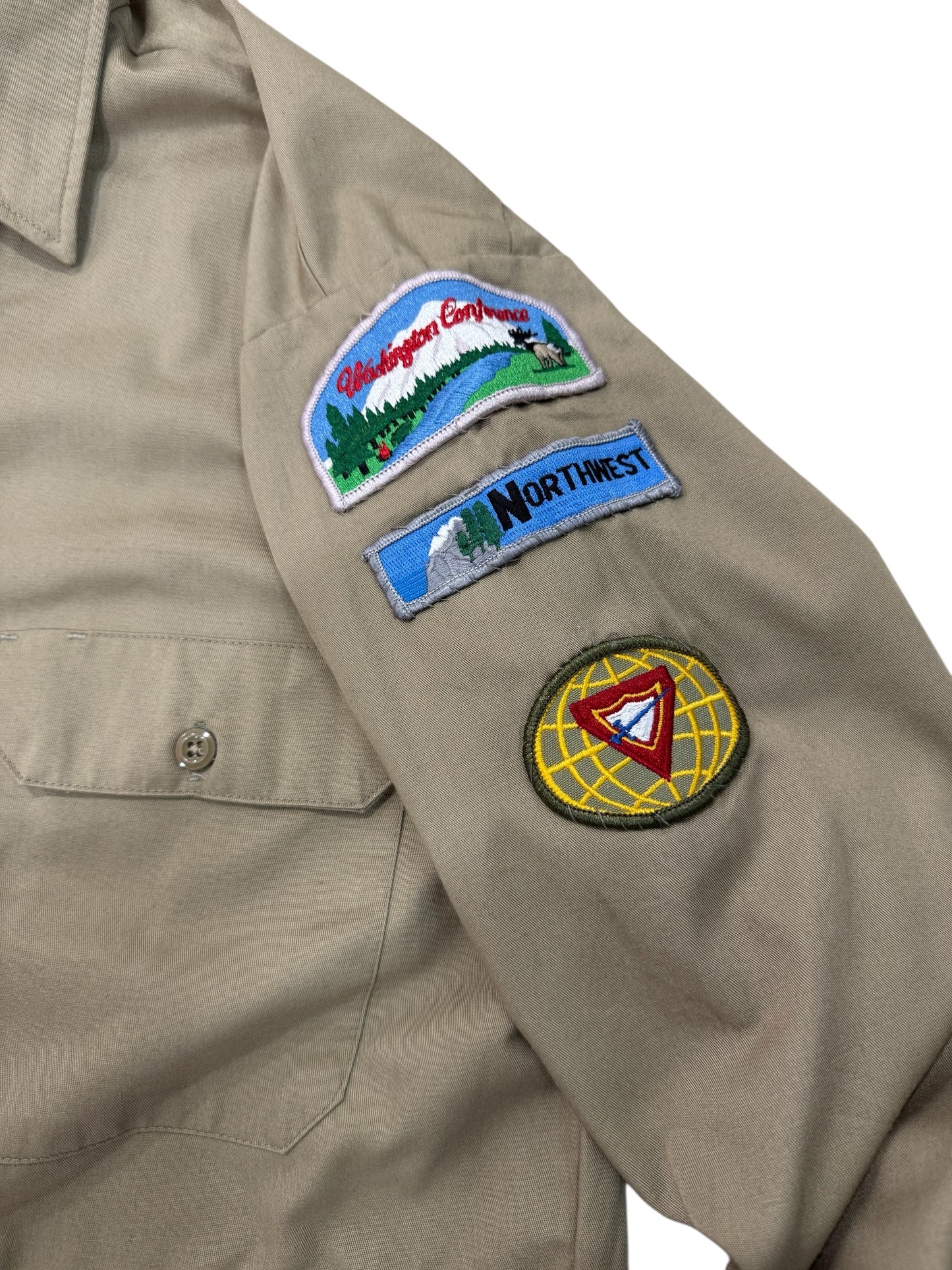 Vintage 1970s-80s Fieldmaster Sears Uniform Shirt Pathfinder Club Patches Made in USA Khaki