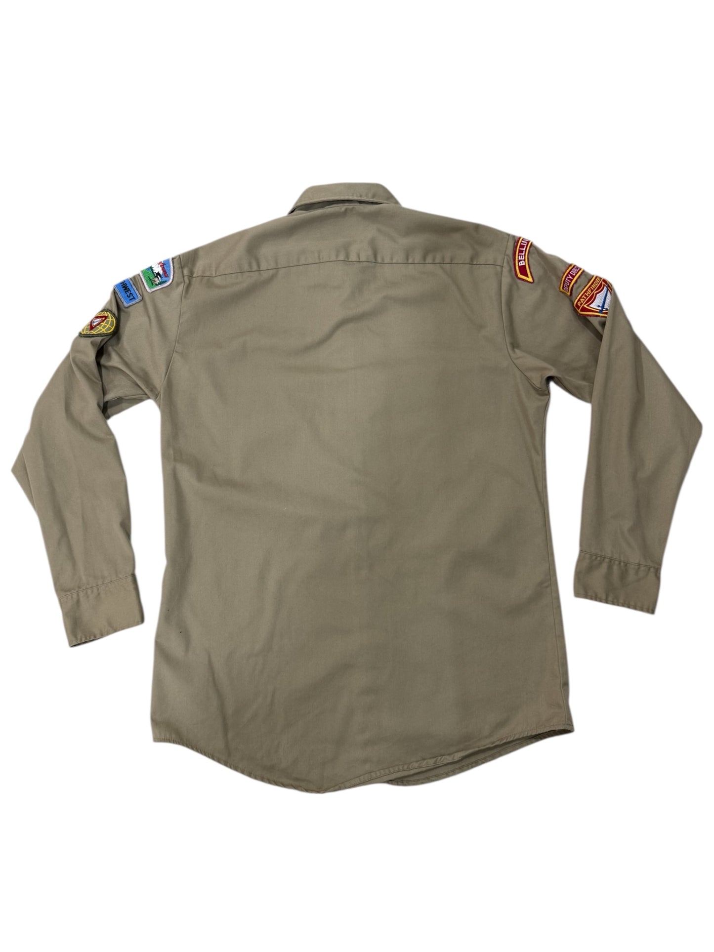 Vintage 1970s-80s Fieldmaster Sears Uniform Shirt Pathfinder Club Patches Made in USA Khaki
