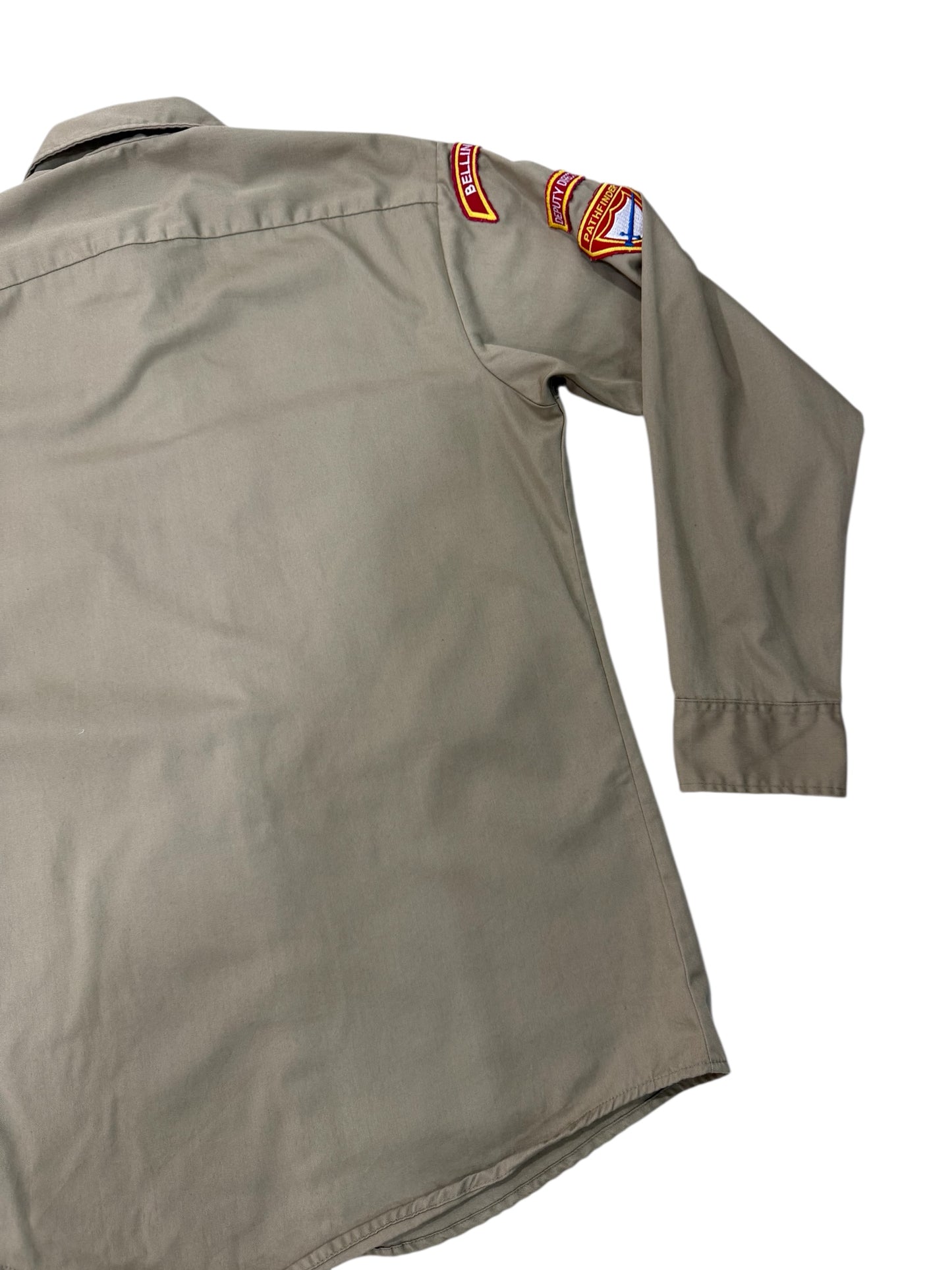 Vintage 1970s-80s Fieldmaster Sears Uniform Shirt Pathfinder Club Patches Made in USA Khaki