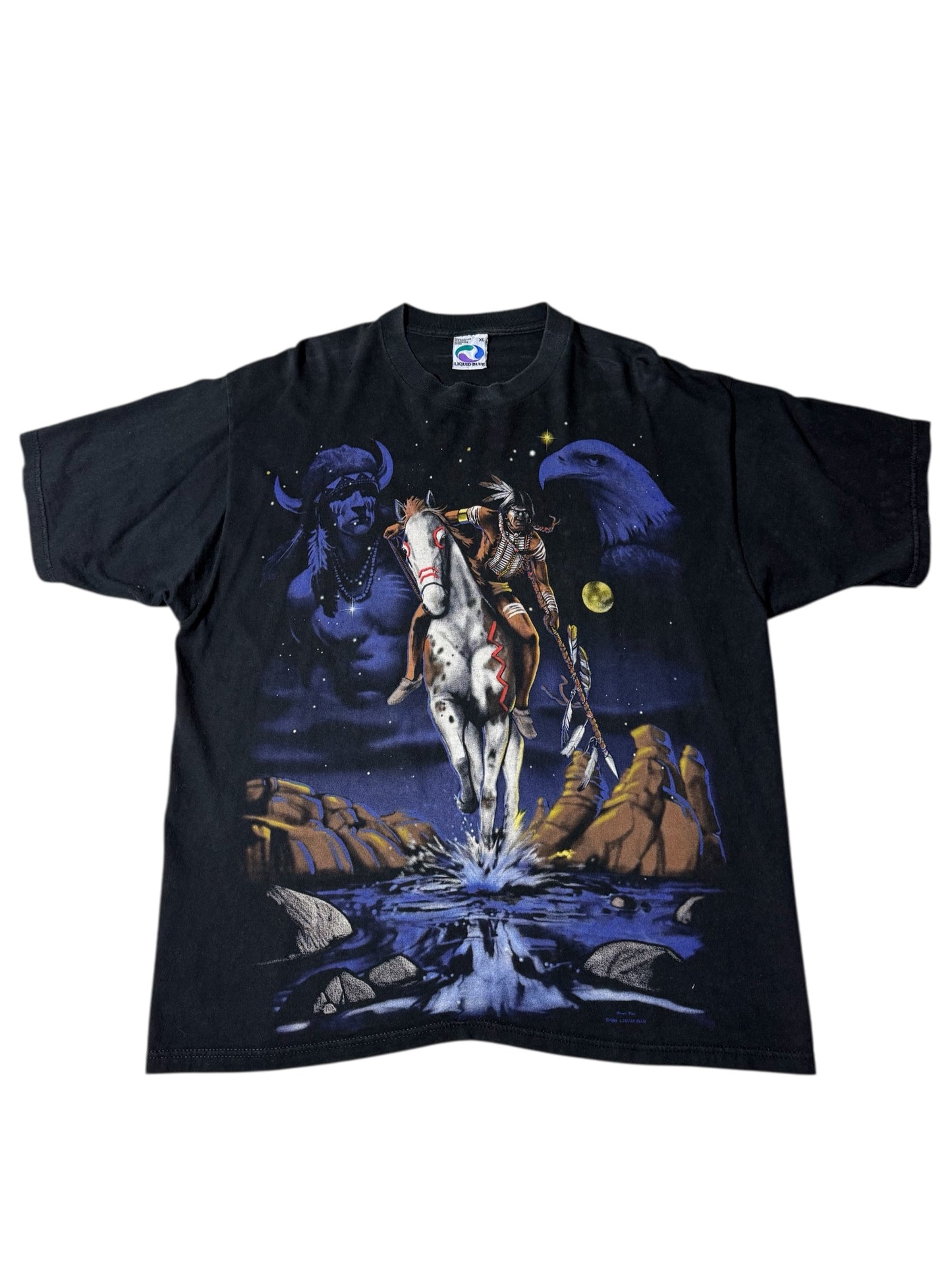 Vintage 1998 Liquid Blue Native American Spirit Rider Double-Sided T-Shirt
