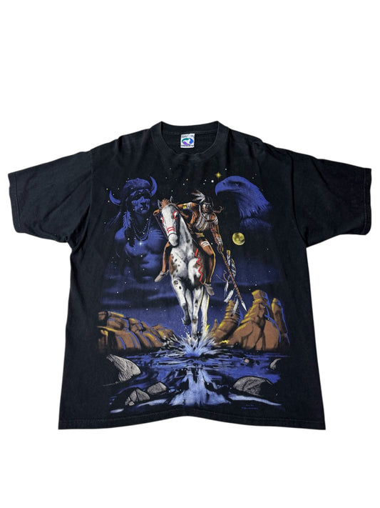 Vintage 1998 Liquid Blue Native American Spirit Rider Double-Sided T-Shirt