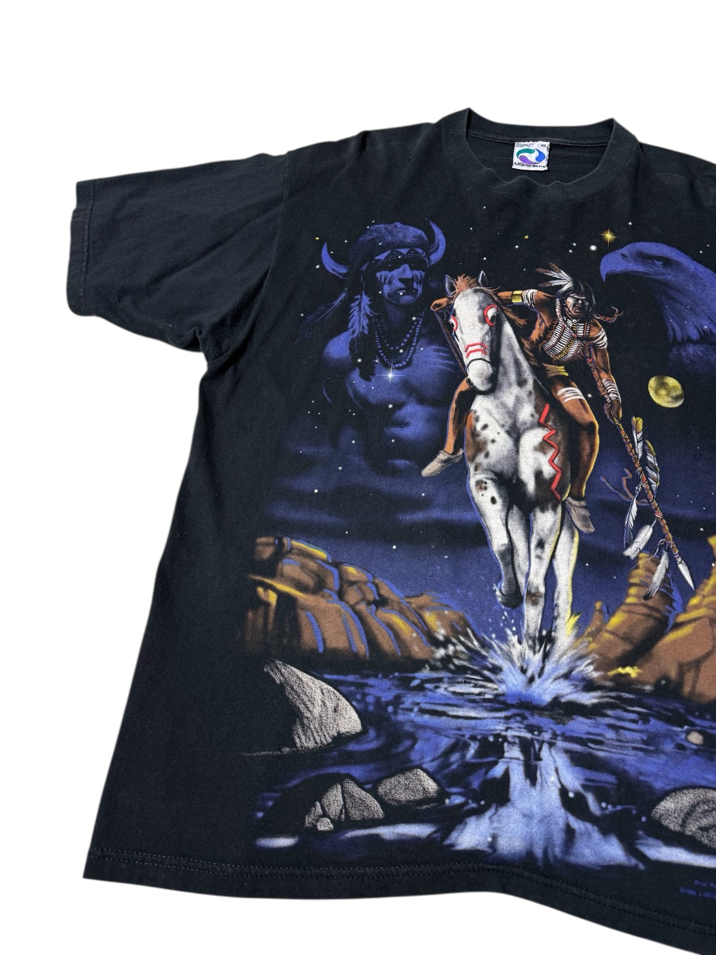 Vintage 1998 Liquid Blue Native American Spirit Rider Double-Sided T-Shirt