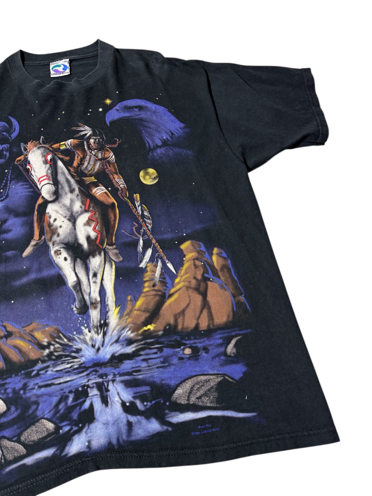 Vintage 1998 Liquid Blue Native American Spirit Rider Double-Sided T-Shirt