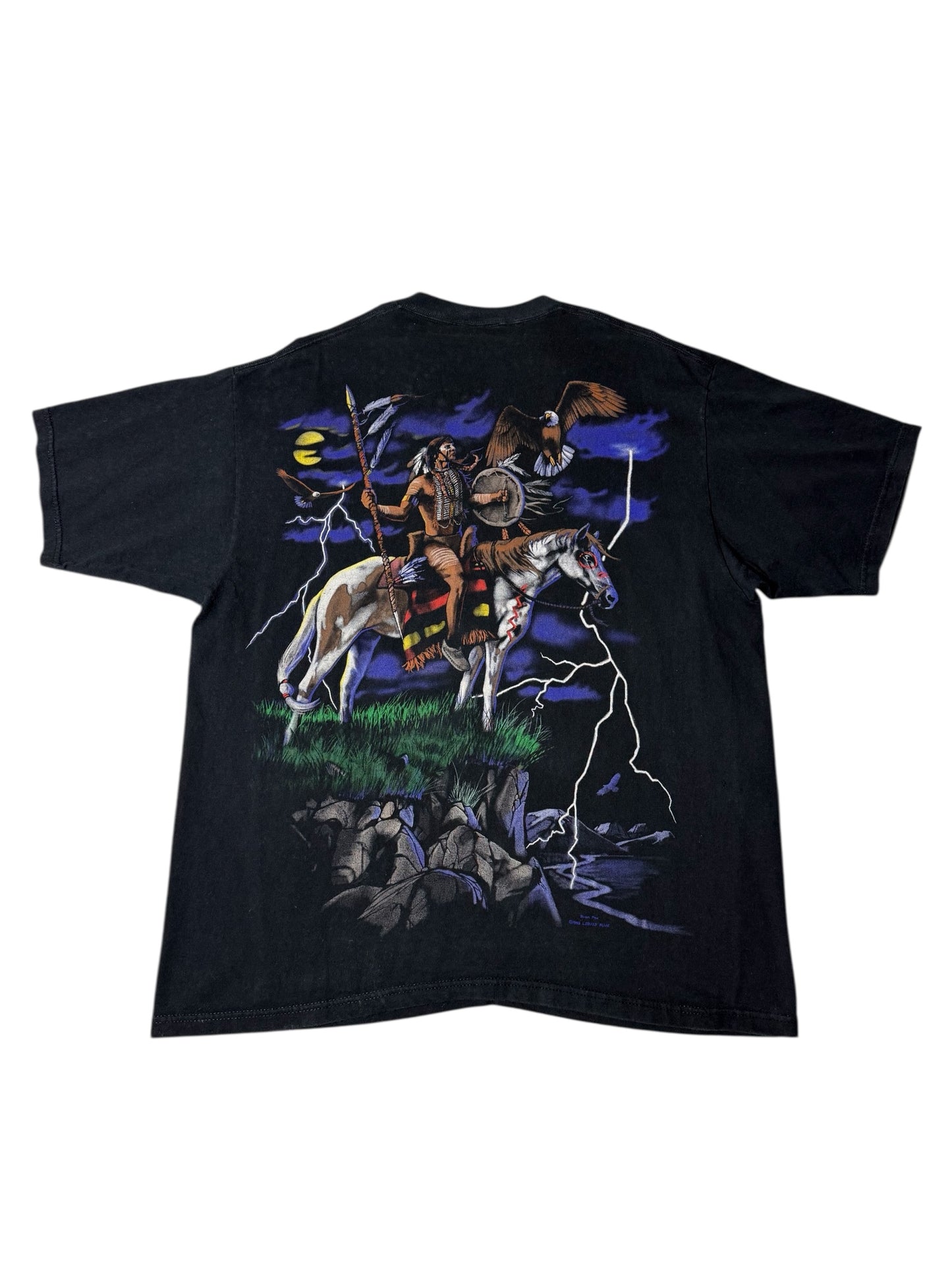 Vintage 1998 Liquid Blue Native American Spirit Rider Double-Sided T-Shirt