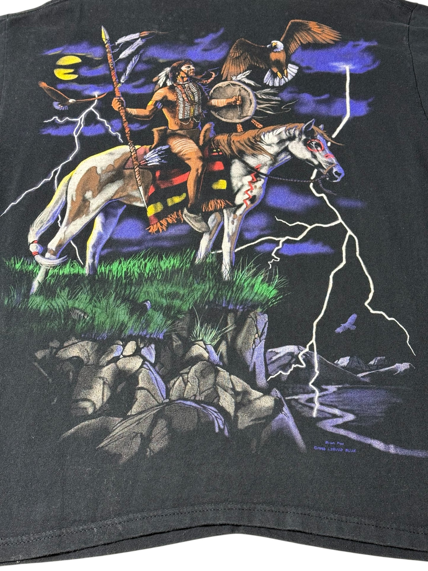 Vintage 1998 Liquid Blue Native American Spirit Rider Double-Sided T-Shirt