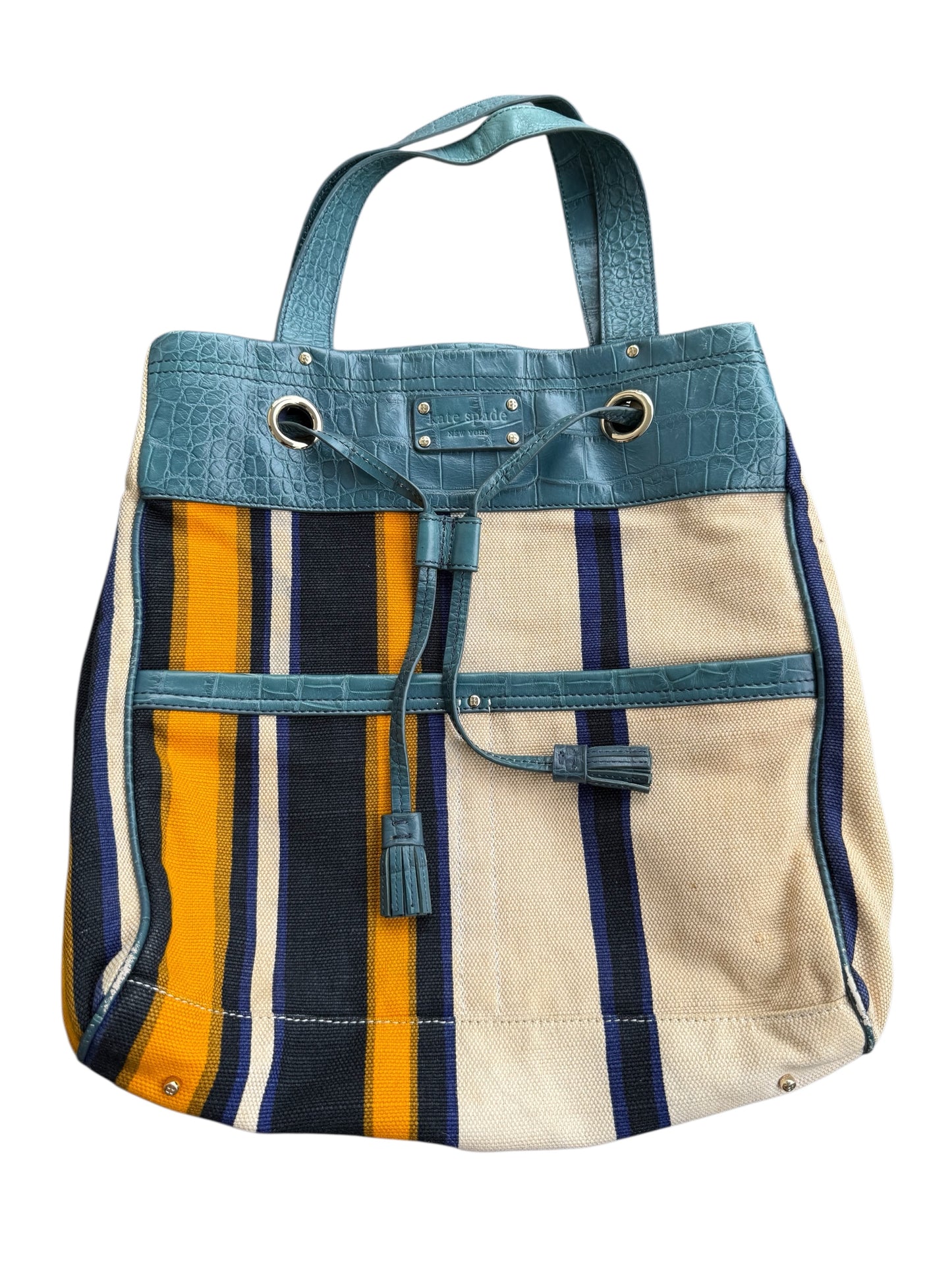 Kate Spade Striped Canvas Tote Bag Teal Croc Embossed Trim