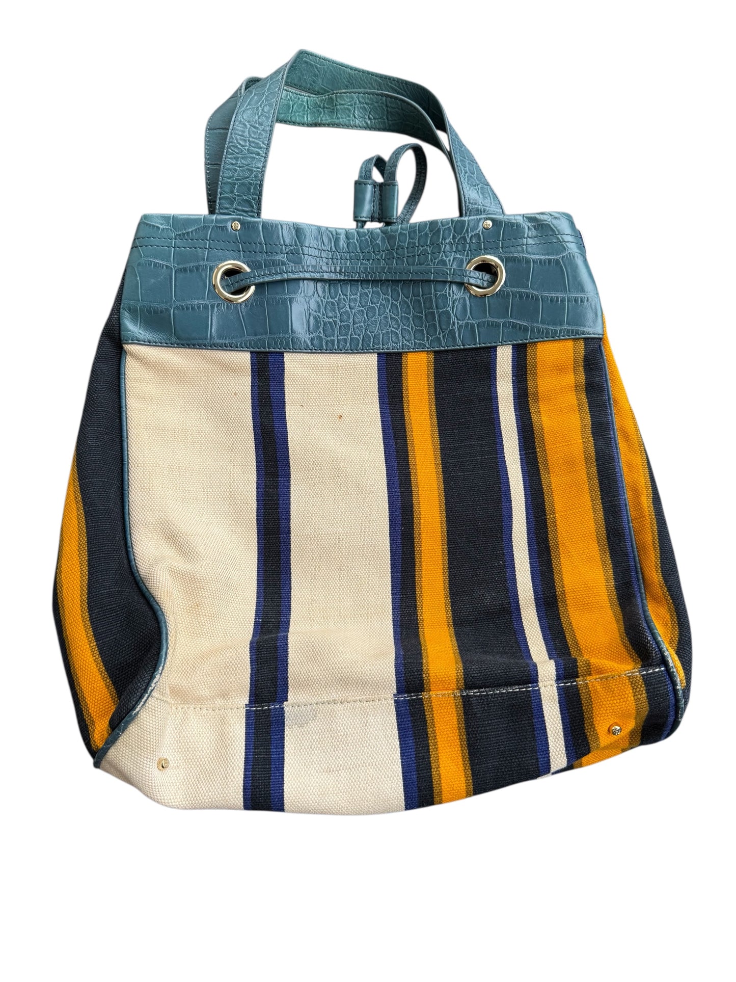 Kate Spade Striped Canvas Tote Bag Teal Croc Embossed Trim