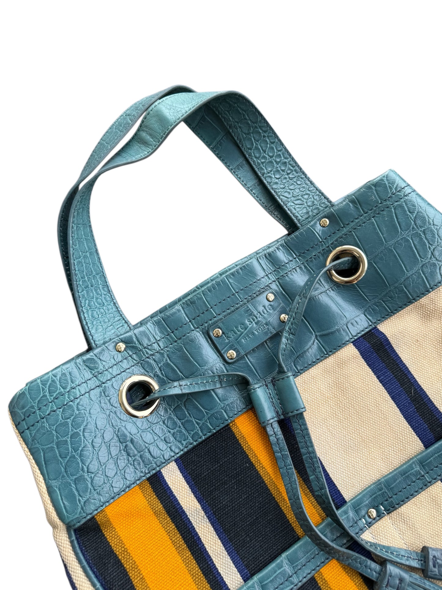 Kate Spade Striped Canvas Tote Bag Teal Croc Embossed Trim