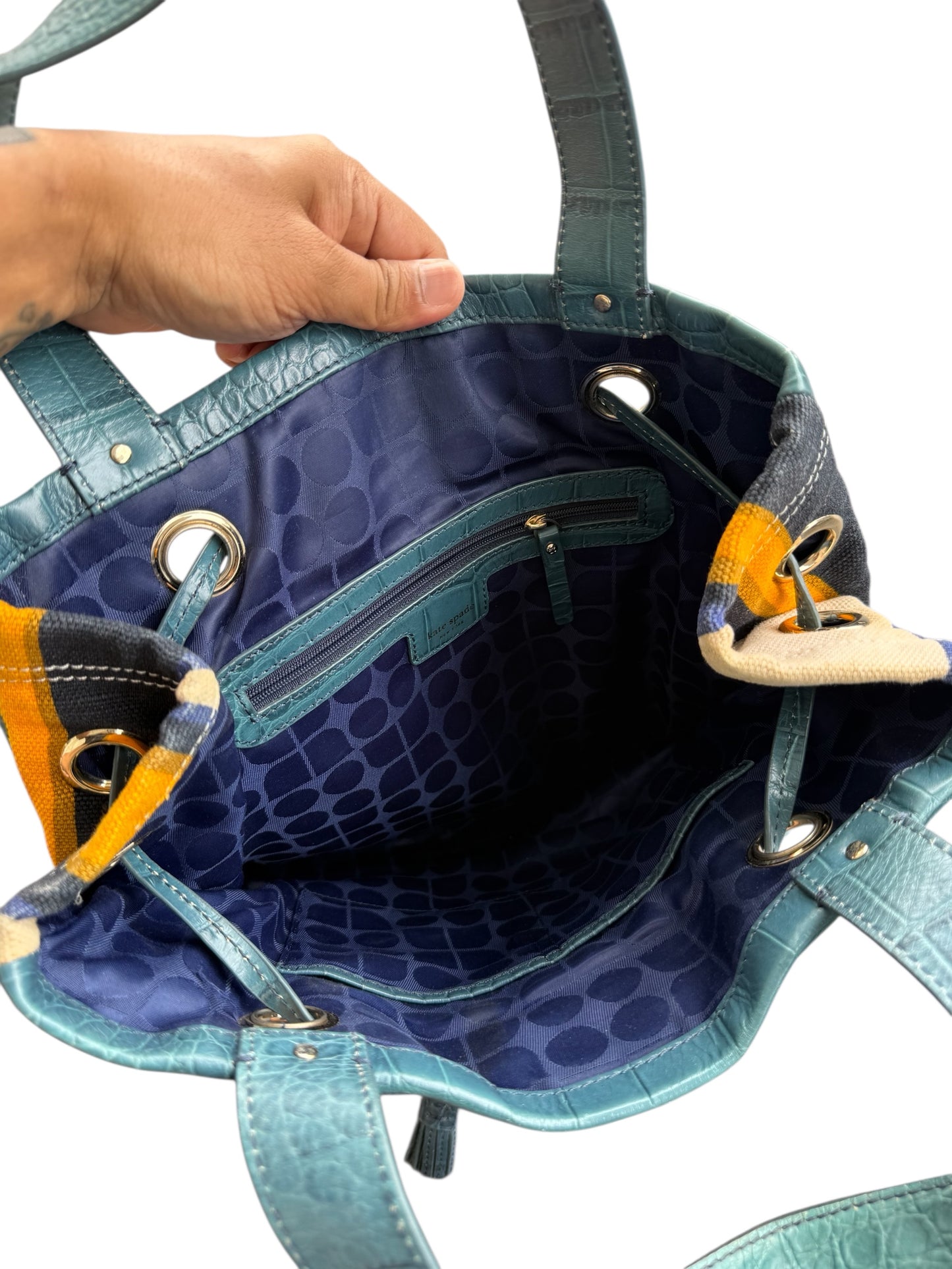 Kate Spade Striped Canvas Tote Bag Teal Croc Embossed Trim