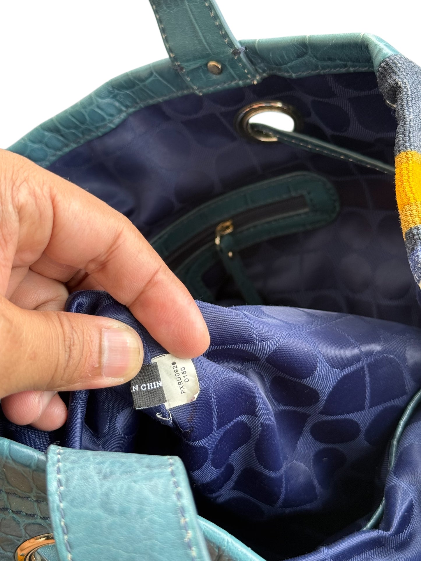 Kate Spade Striped Canvas Tote Bag Teal Croc Embossed Trim