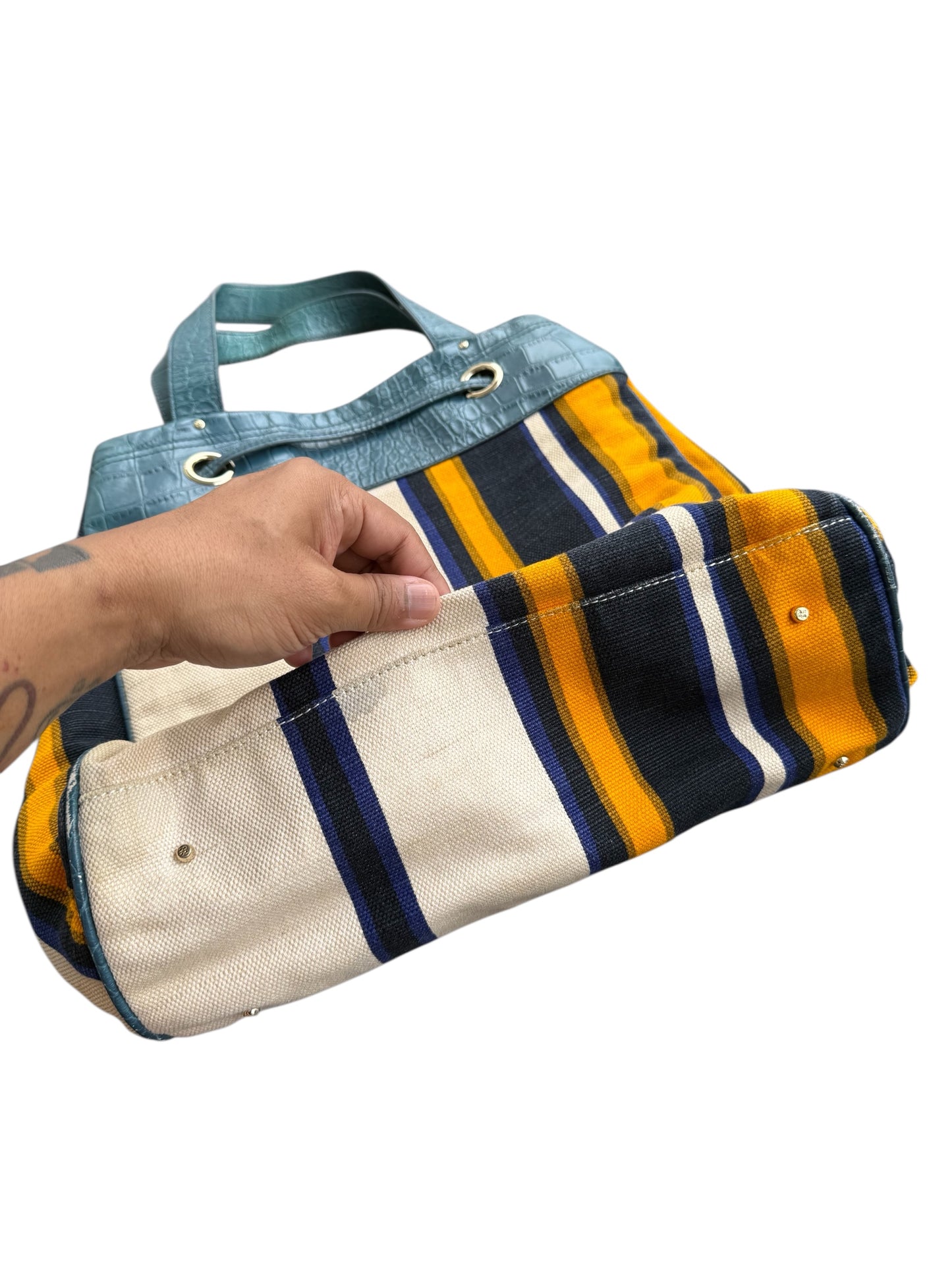 Kate Spade Striped Canvas Tote Bag Teal Croc Embossed Trim