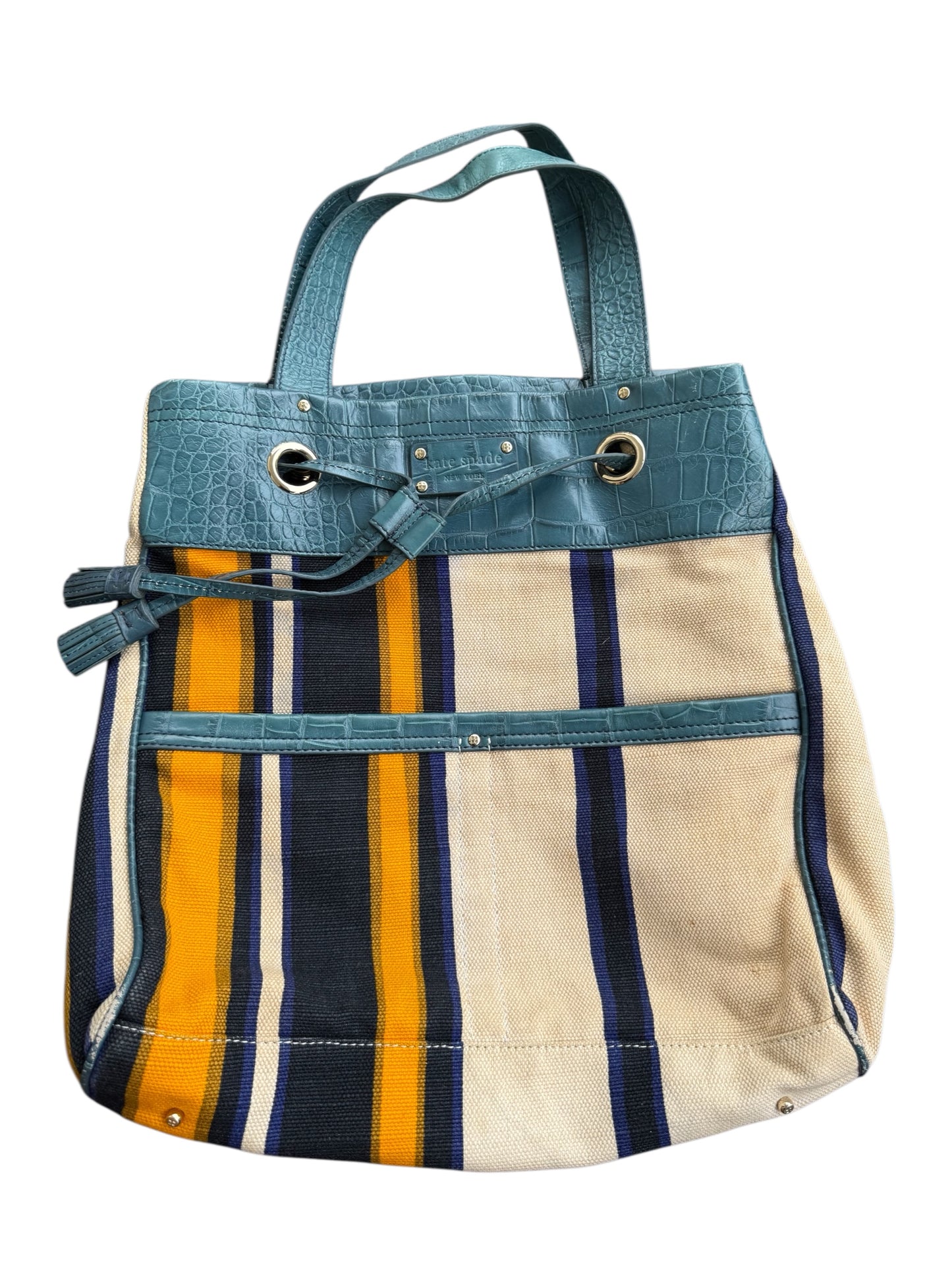 Kate Spade Striped Canvas Tote Bag Teal Croc Embossed Trim