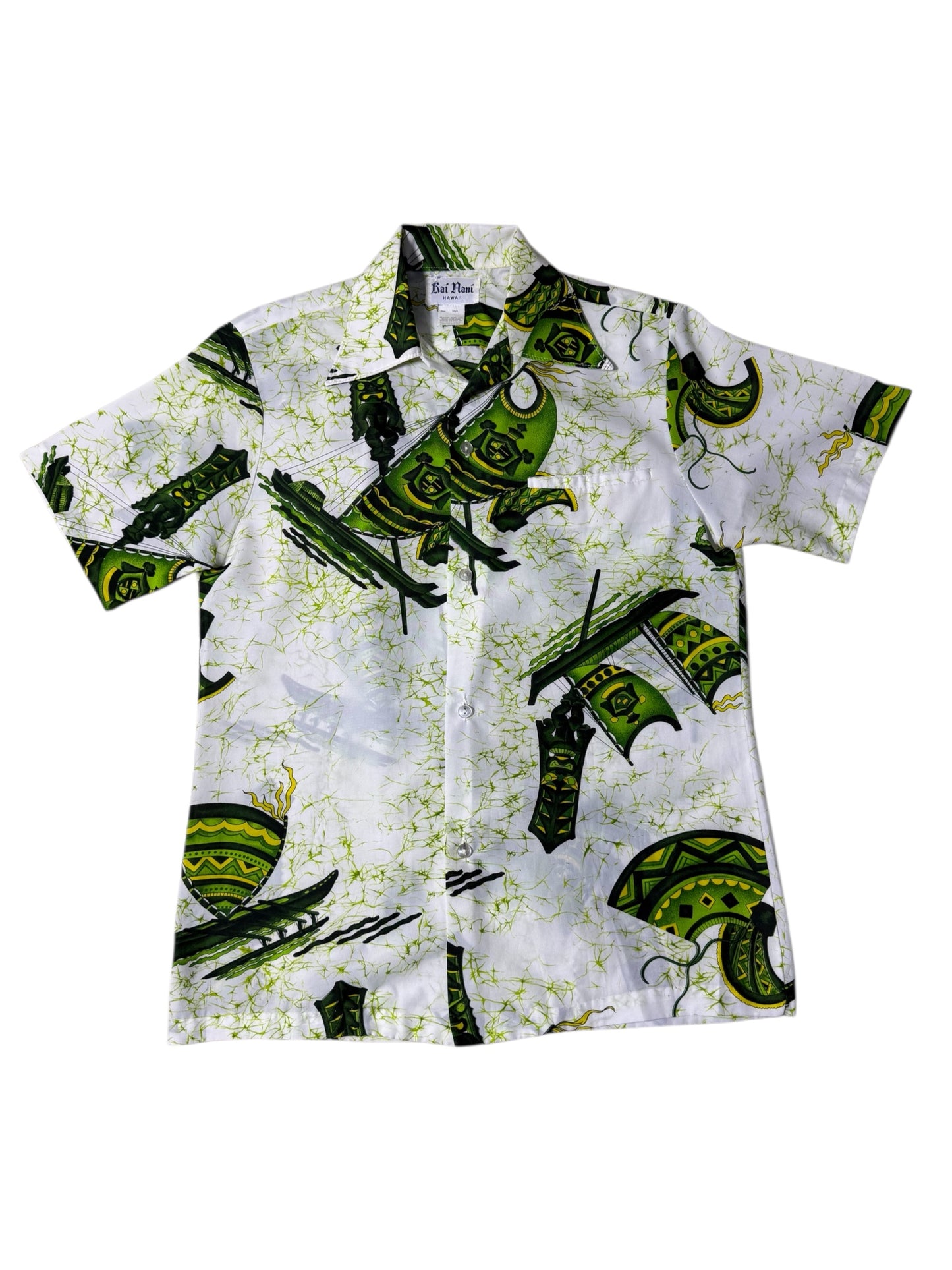 Vintage 70s–80s Kai Nani Hawaii Aloha Shirt Green Tiki Print