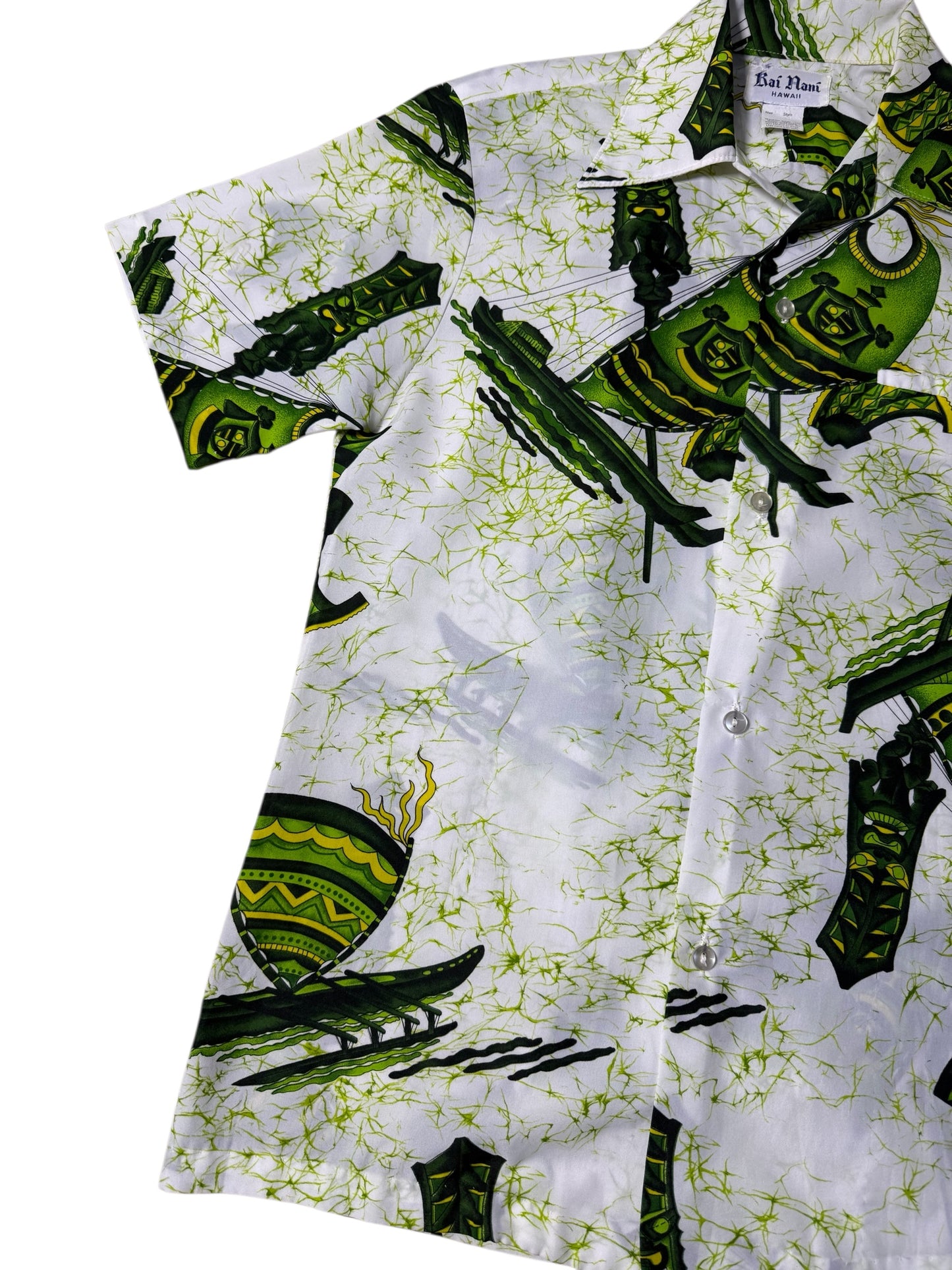 Vintage 70s–80s Kai Nani Hawaii Aloha Shirt Green Tiki Print