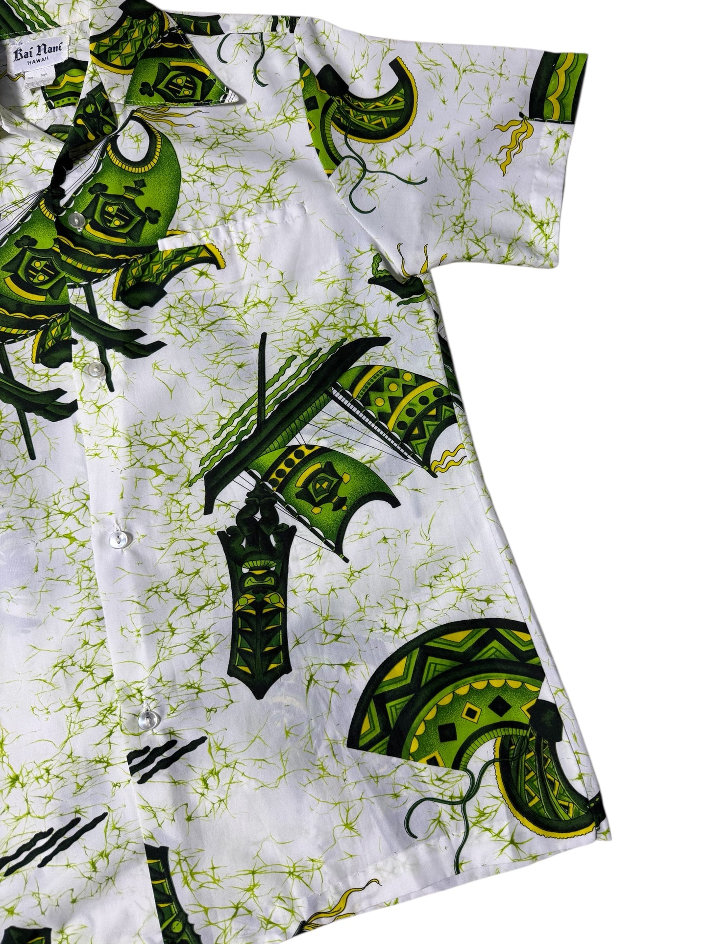 Vintage 70s–80s Kai Nani Hawaii Aloha Shirt Green Tiki Print