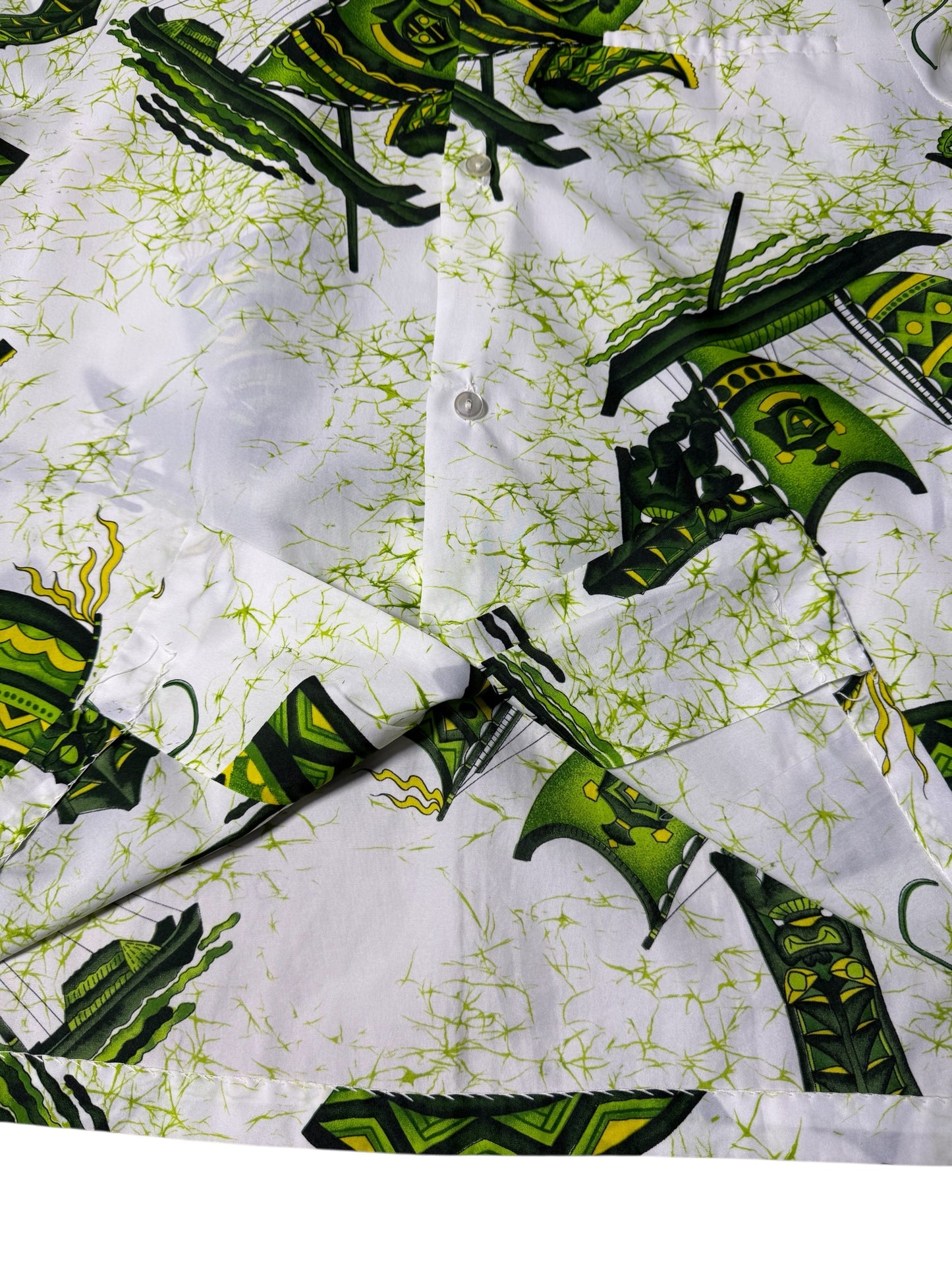 Vintage 70s–80s Kai Nani Hawaii Aloha Shirt Green Tiki Print