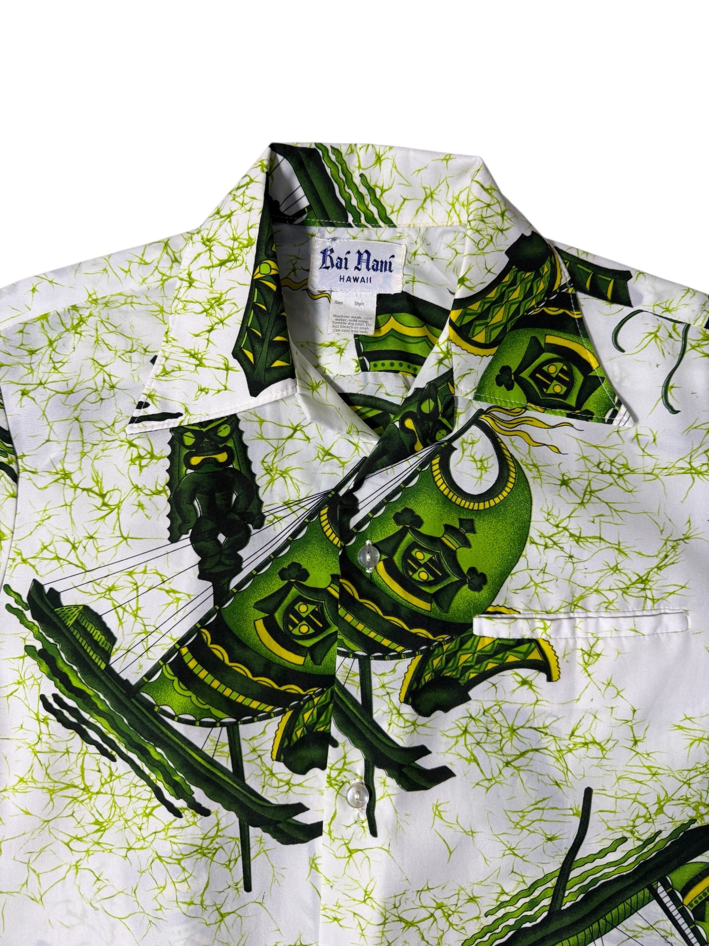 Vintage 70s–80s Kai Nani Hawaii Aloha Shirt Green Tiki Print