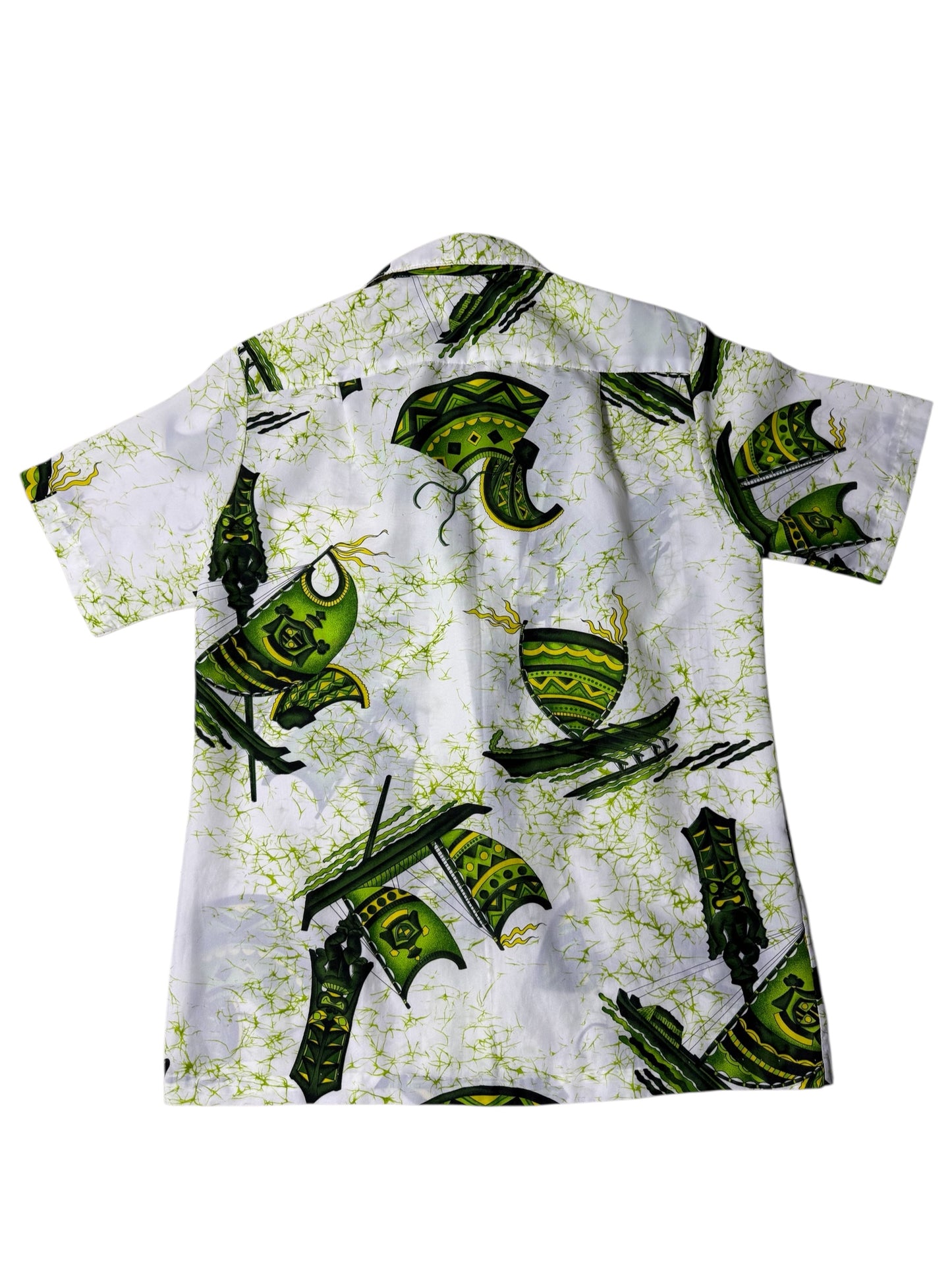 Vintage 70s–80s Kai Nani Hawaii Aloha Shirt Green Tiki Print