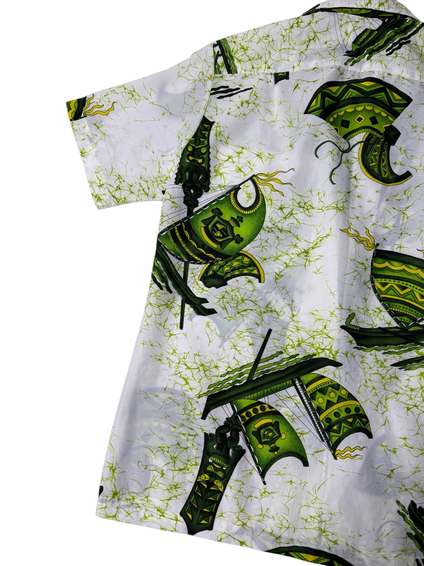 Vintage 70s–80s Kai Nani Hawaii Aloha Shirt Green Tiki Print