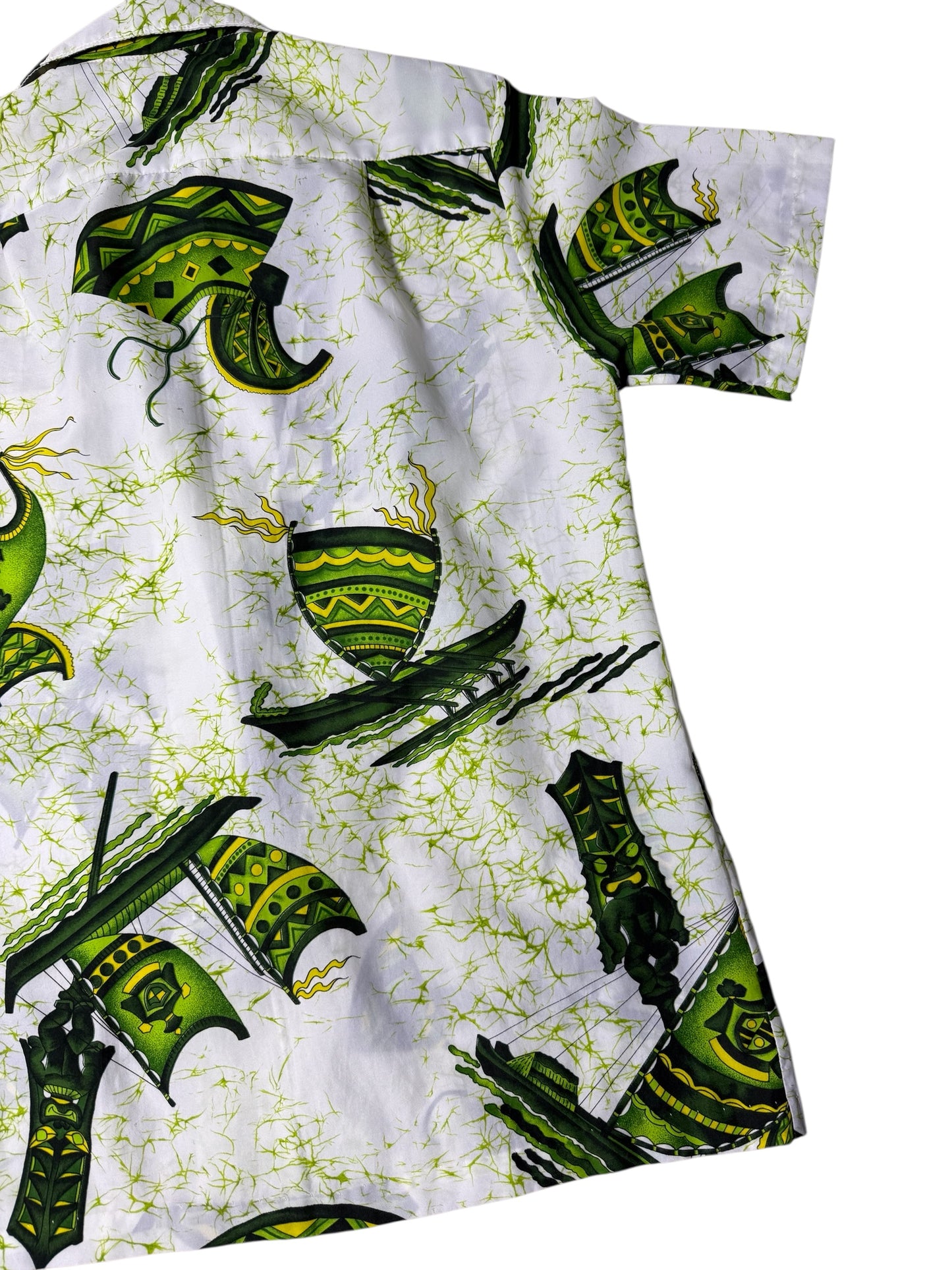 Vintage 70s–80s Kai Nani Hawaii Aloha Shirt Green Tiki Print