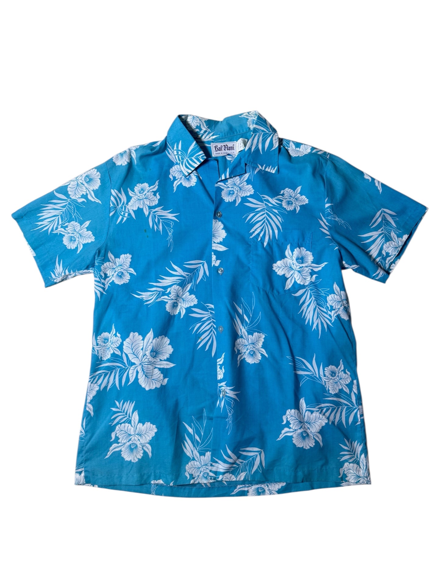 Vintage 1980s–90s Kai Nani Hawaiian Aloha Shirt Blue Floral Made in Hawaii
