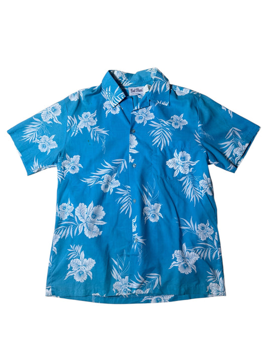 Vintage 1980s–90s Kai Nani Hawaiian Aloha Shirt Blue Floral Made in Hawaii