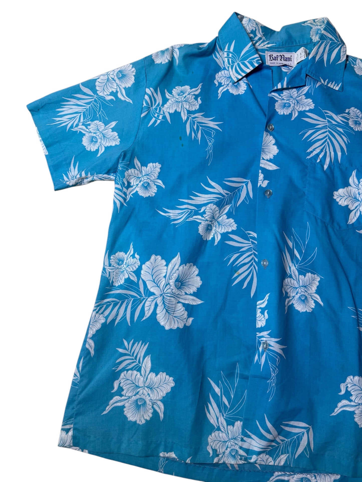 Vintage 1980s–90s Kai Nani Hawaiian Aloha Shirt Blue Floral Made in Hawaii