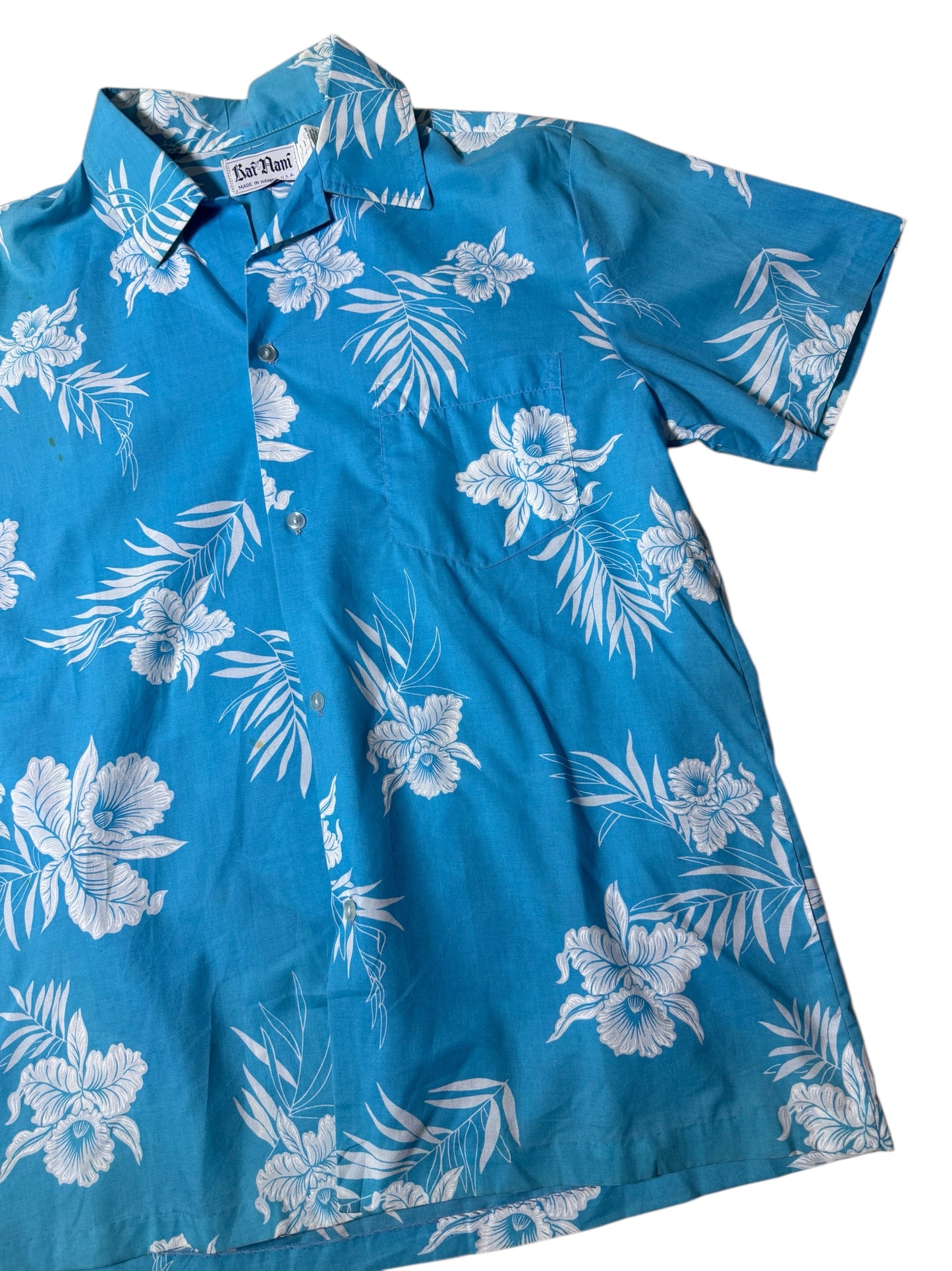 Vintage 1980s–90s Kai Nani Hawaiian Aloha Shirt Blue Floral Made in Hawaii