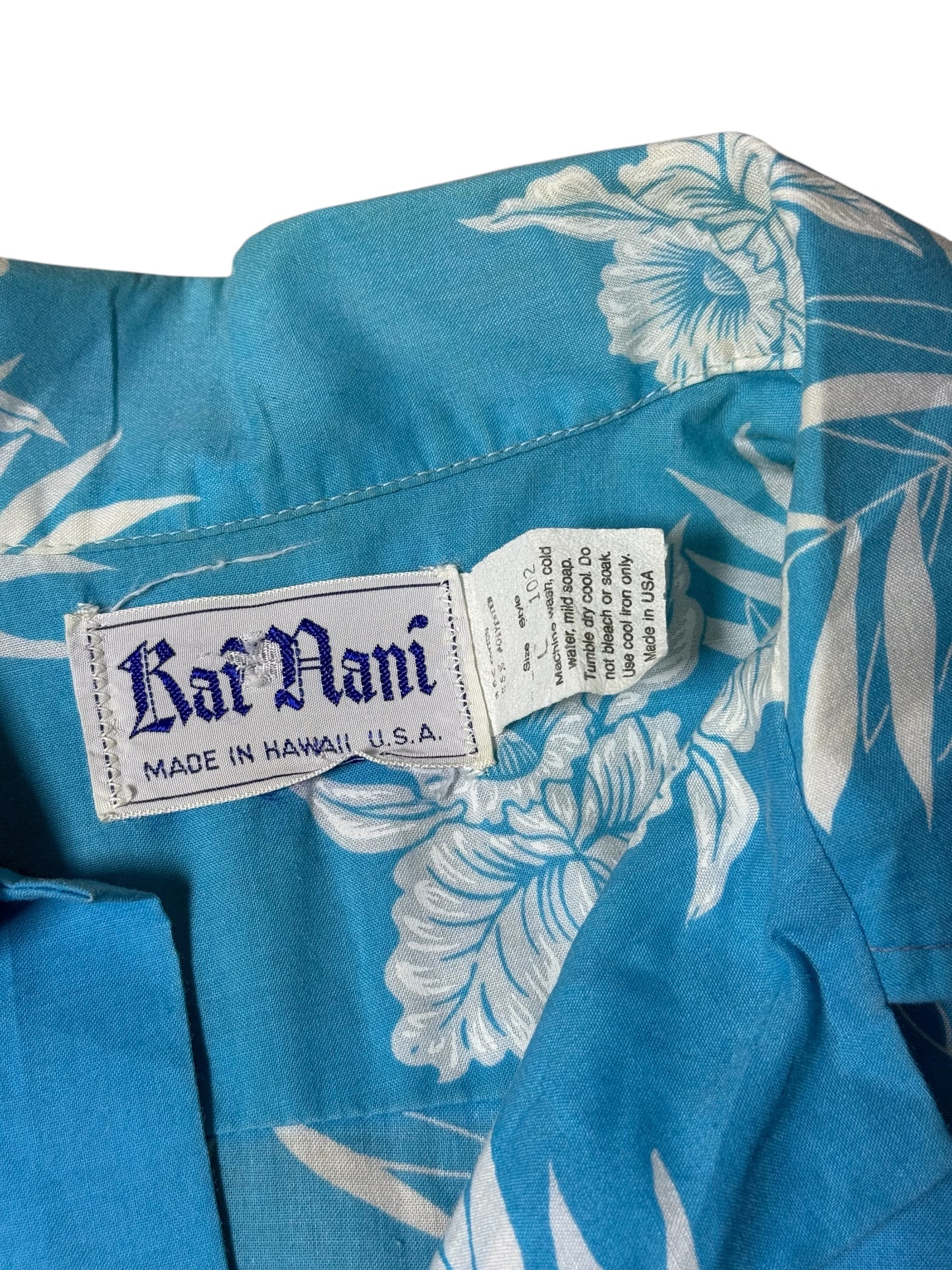 Vintage 1980s–90s Kai Nani Hawaiian Aloha Shirt Blue Floral Made in Hawaii