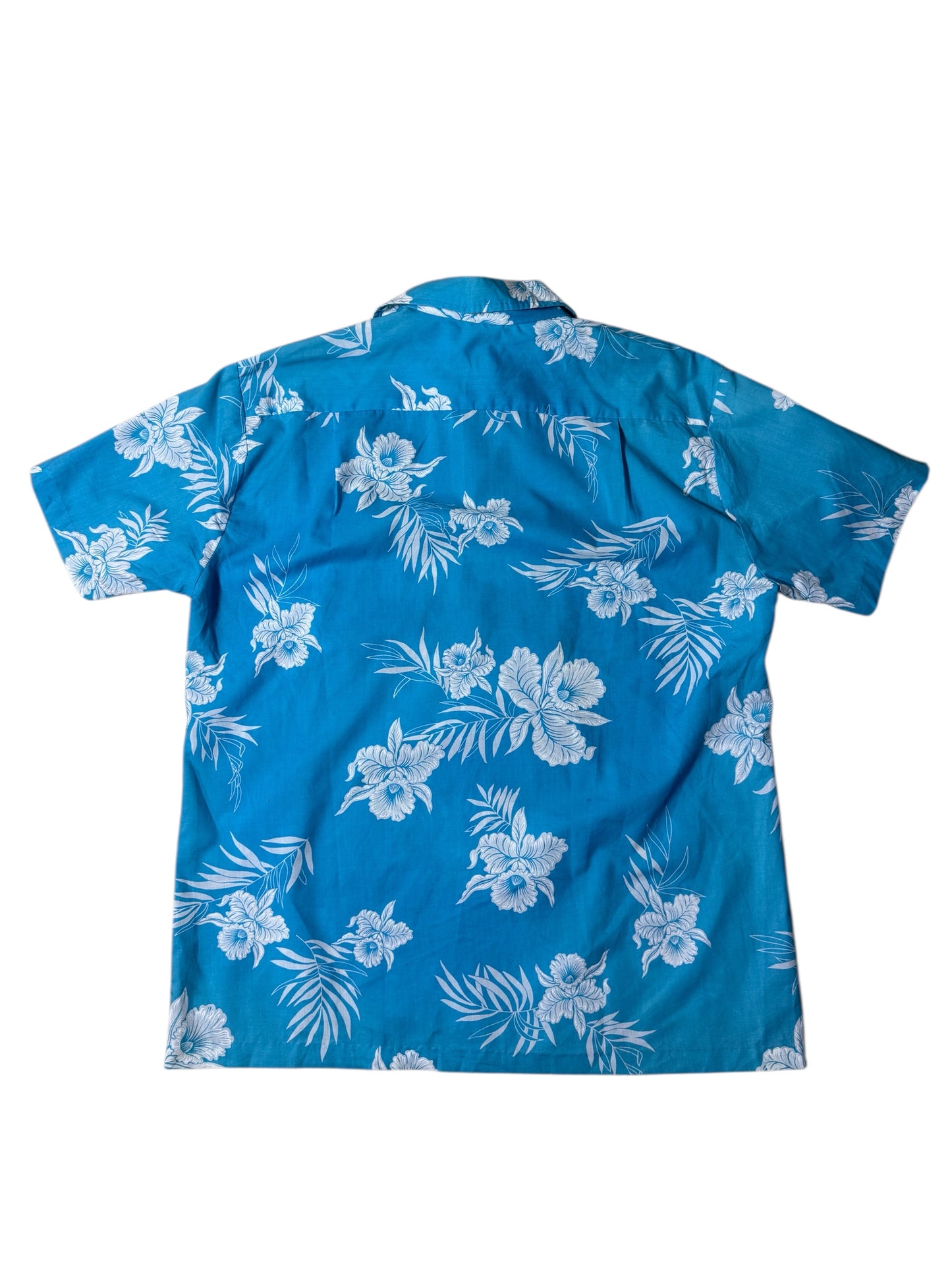 Vintage 1980s–90s Kai Nani Hawaiian Aloha Shirt Blue Floral Made in Hawaii