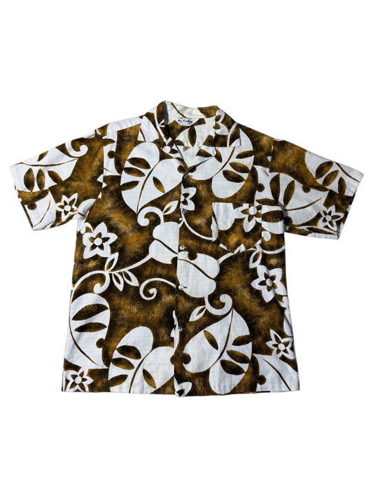 Vintage 1970s Mr. Kailua Hawaiian Aloha Shirt Brown/White Floral Made in Hawaii